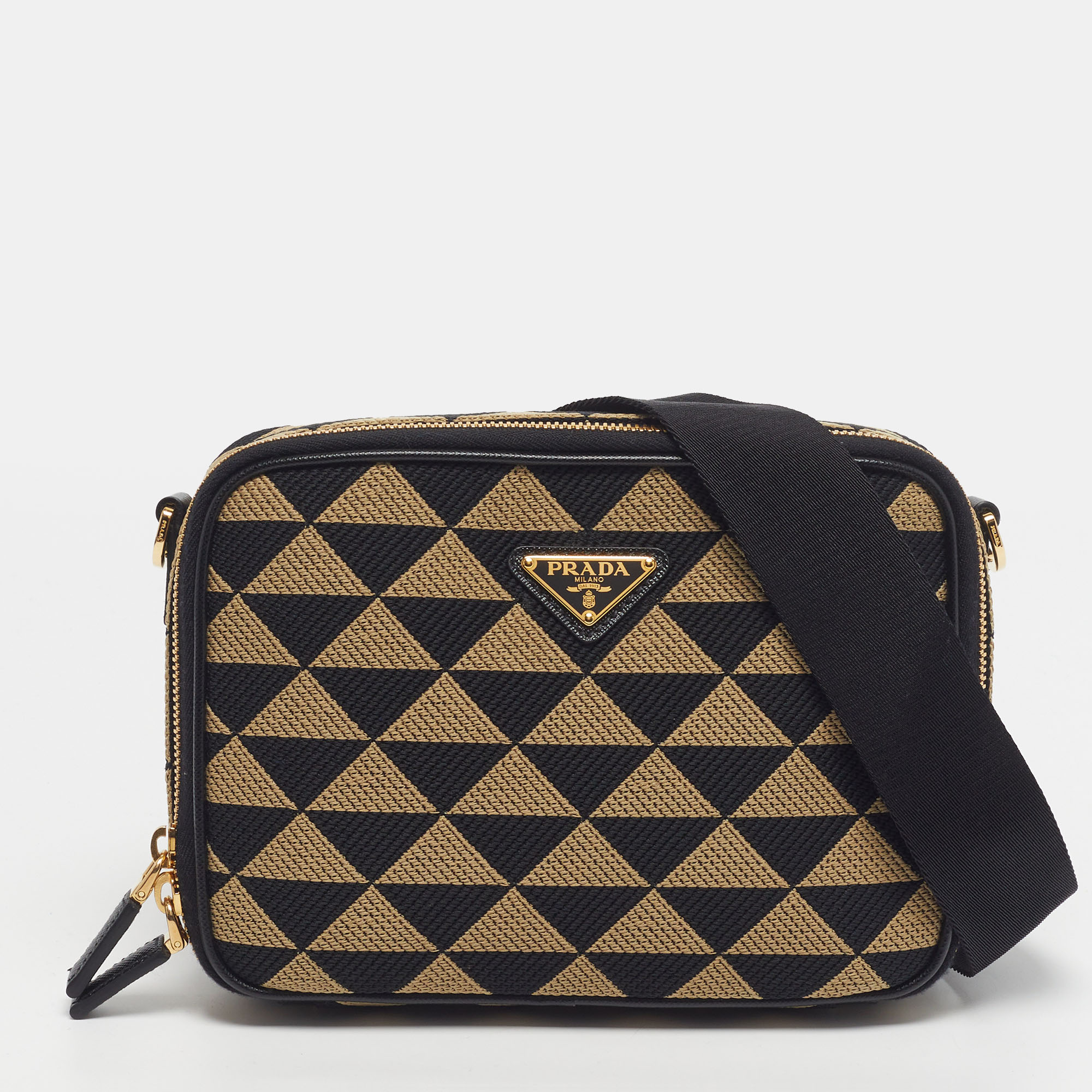 

Prada Symbole Beige/Black Embroidered Canvas Shoulder Bag
