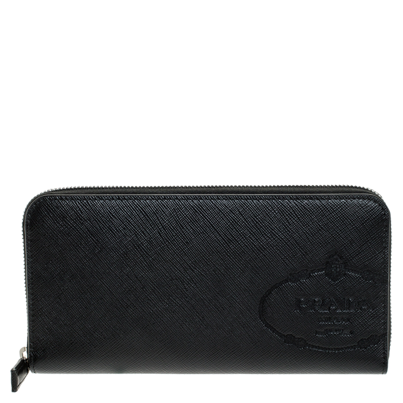 Prada Black Saffiano Leather Zip Around Wallet