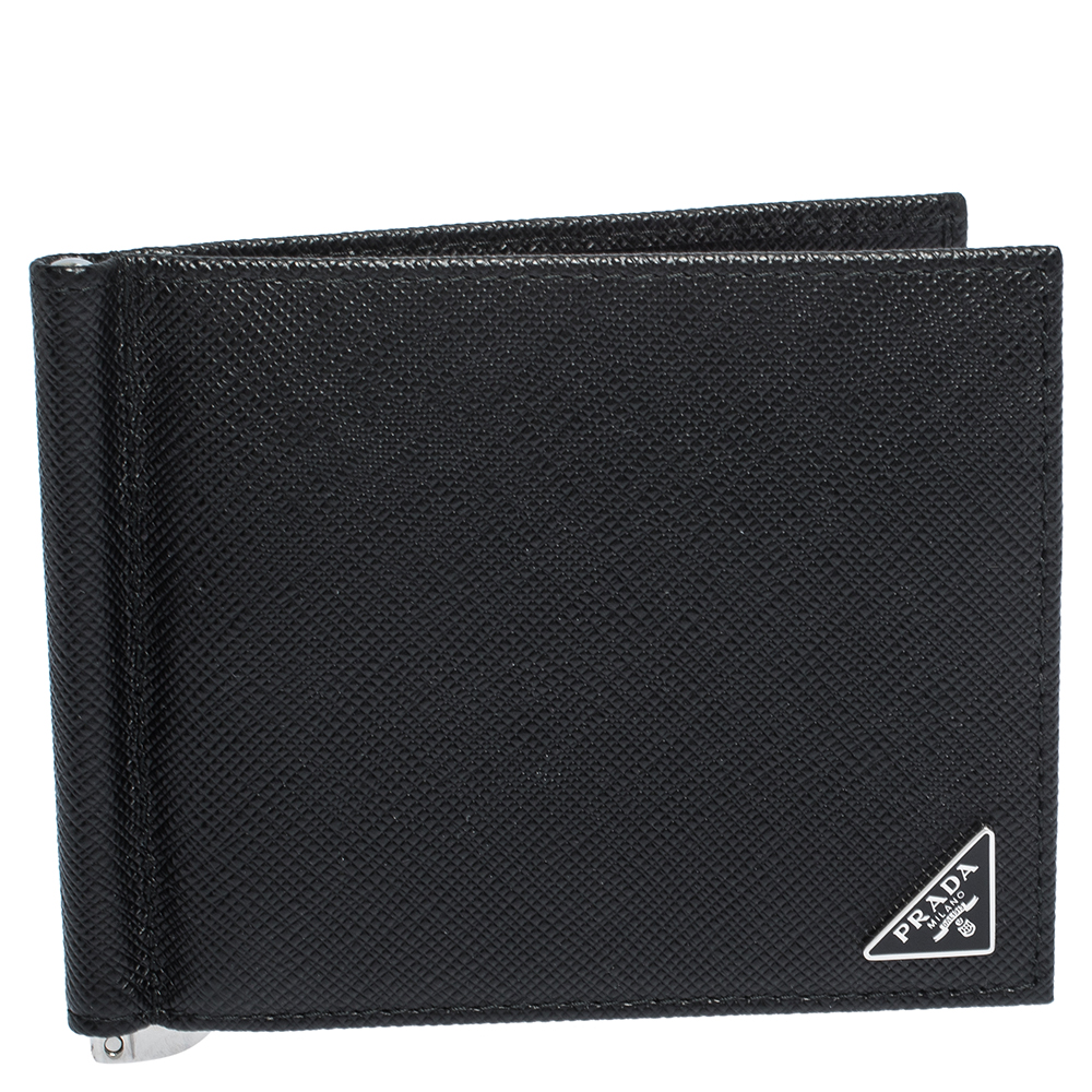 Prada Black Saffiano Lux Leather Money Clip Wallet