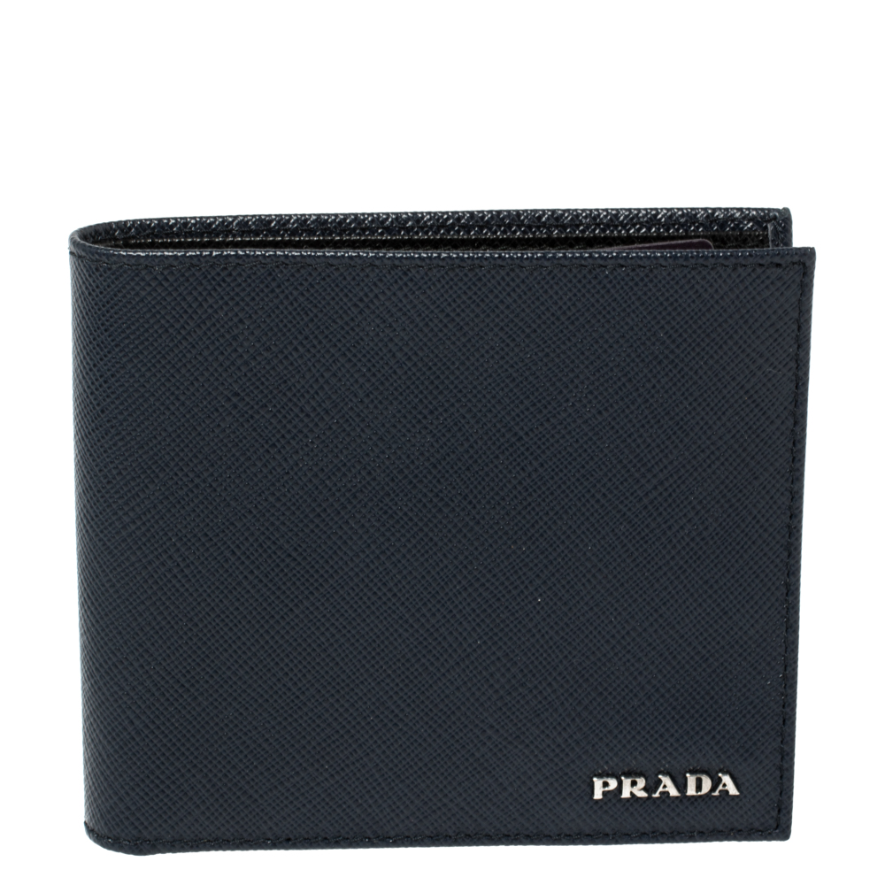 Prada Navy Blue Saffiano Lux Leather Bifold Compact Wallet