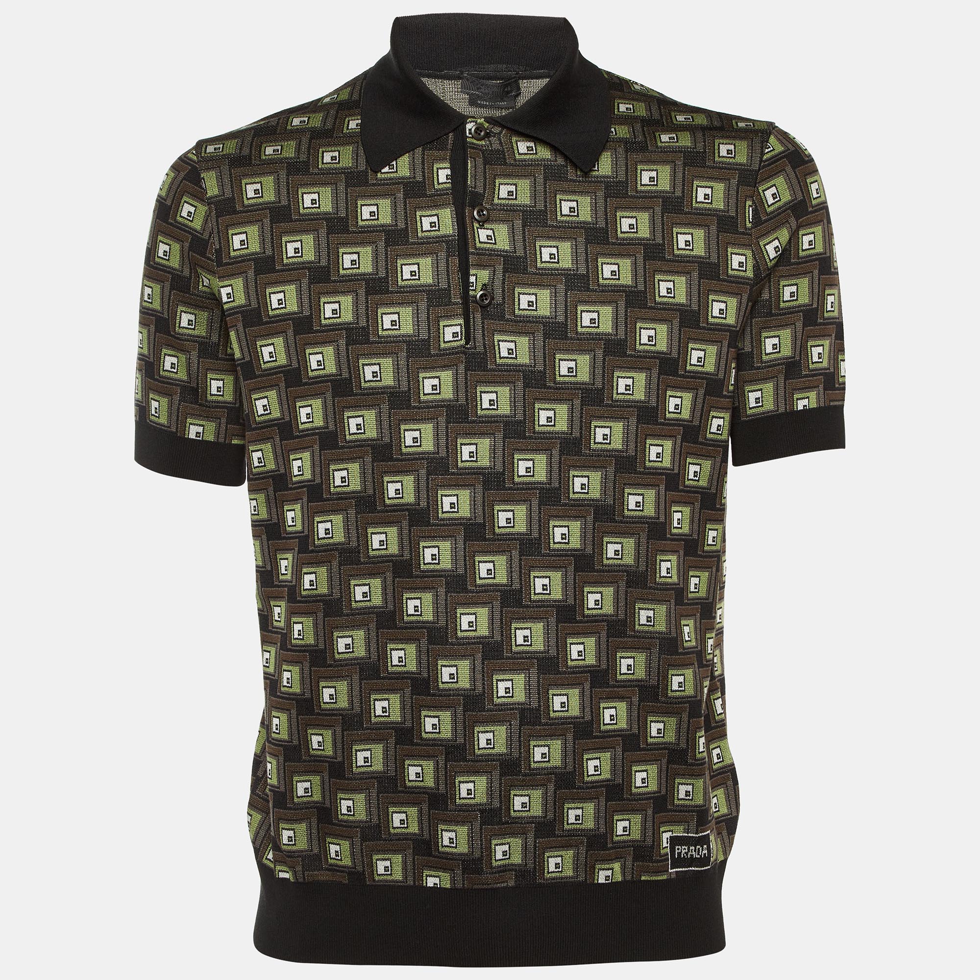 

Prada Black/Brown Geometric Pattern Silk & Cotton Polo T-Shirt M
