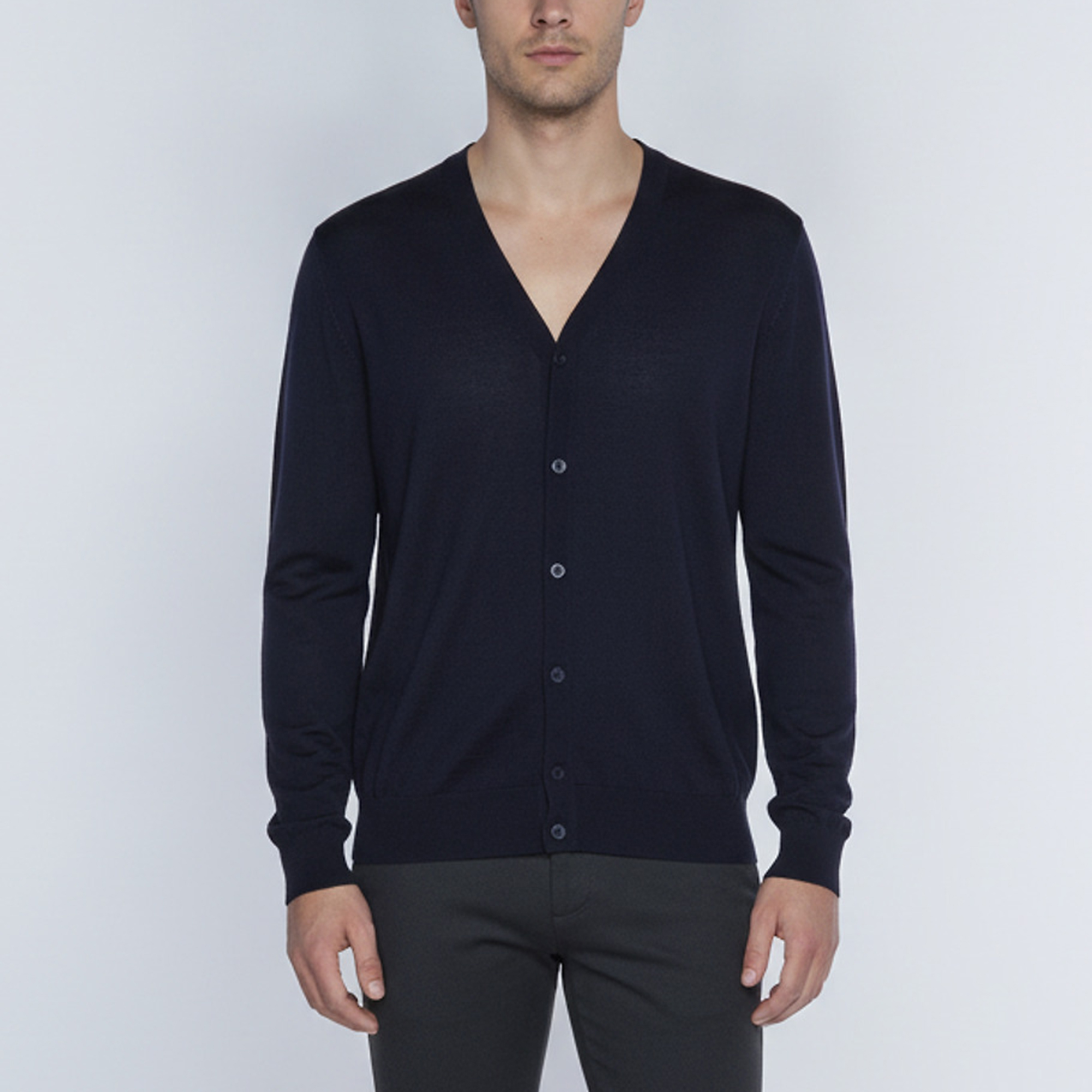 Prada Navy Blue Wool Knit V-Neck Button-Down Cardigan L