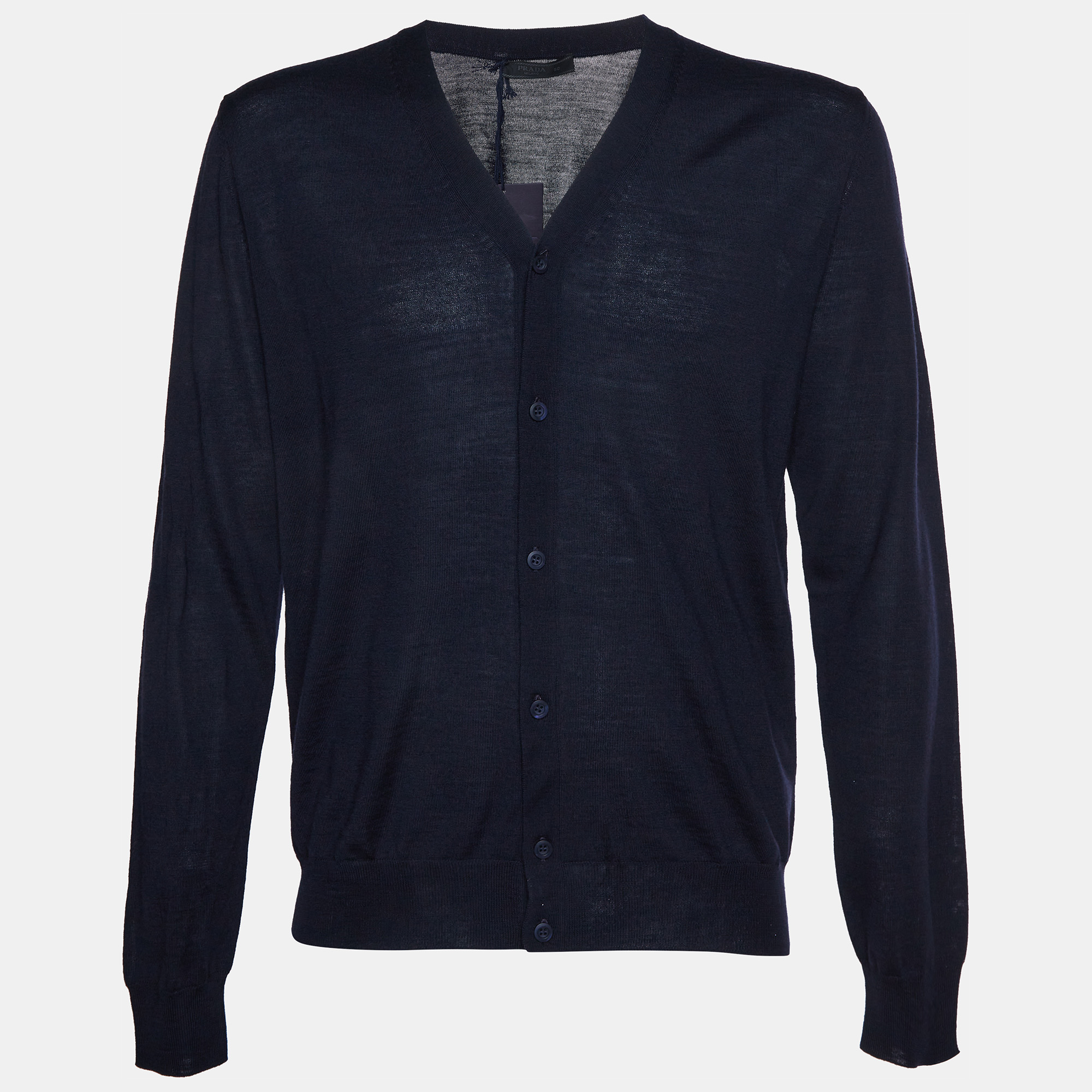 Prada Navy Blue Wool Knit V-Neck Button-Down Cardigan L