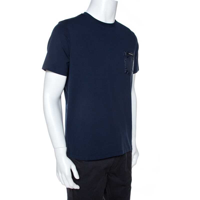 

Prada Navy Blue Cotton Pocket & Shoulder Patch Detail T-Shirt