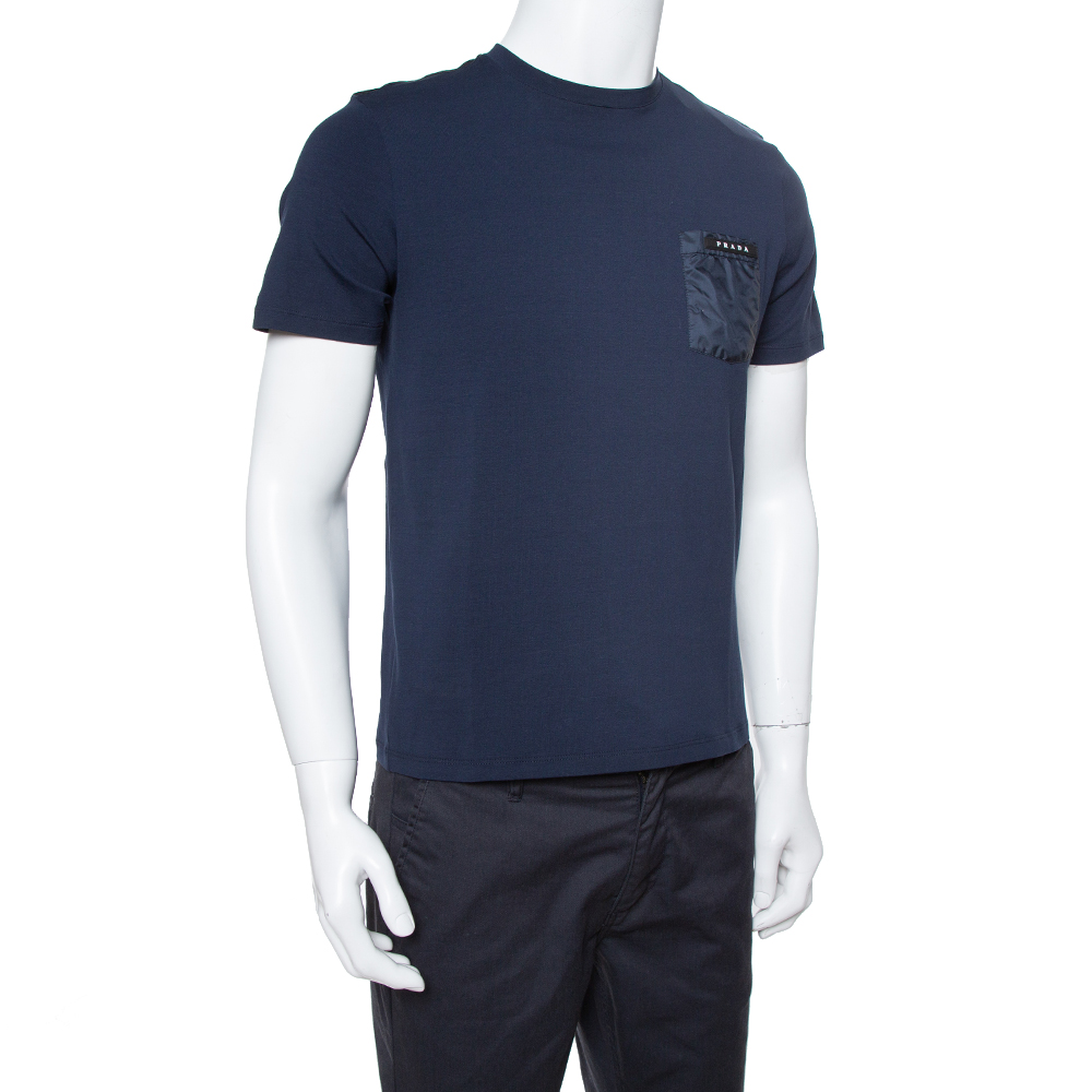 

Prada Navy Blue Cotton Logo Pocket Detail Crew Neck T-Shirt