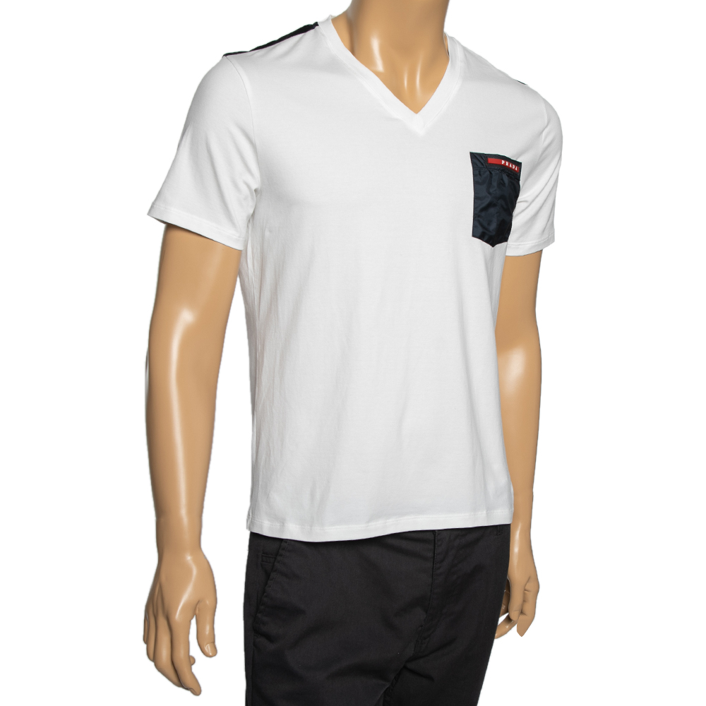

Prada White Stretch Cotton Pocket Detail V-Neck T-Shirt