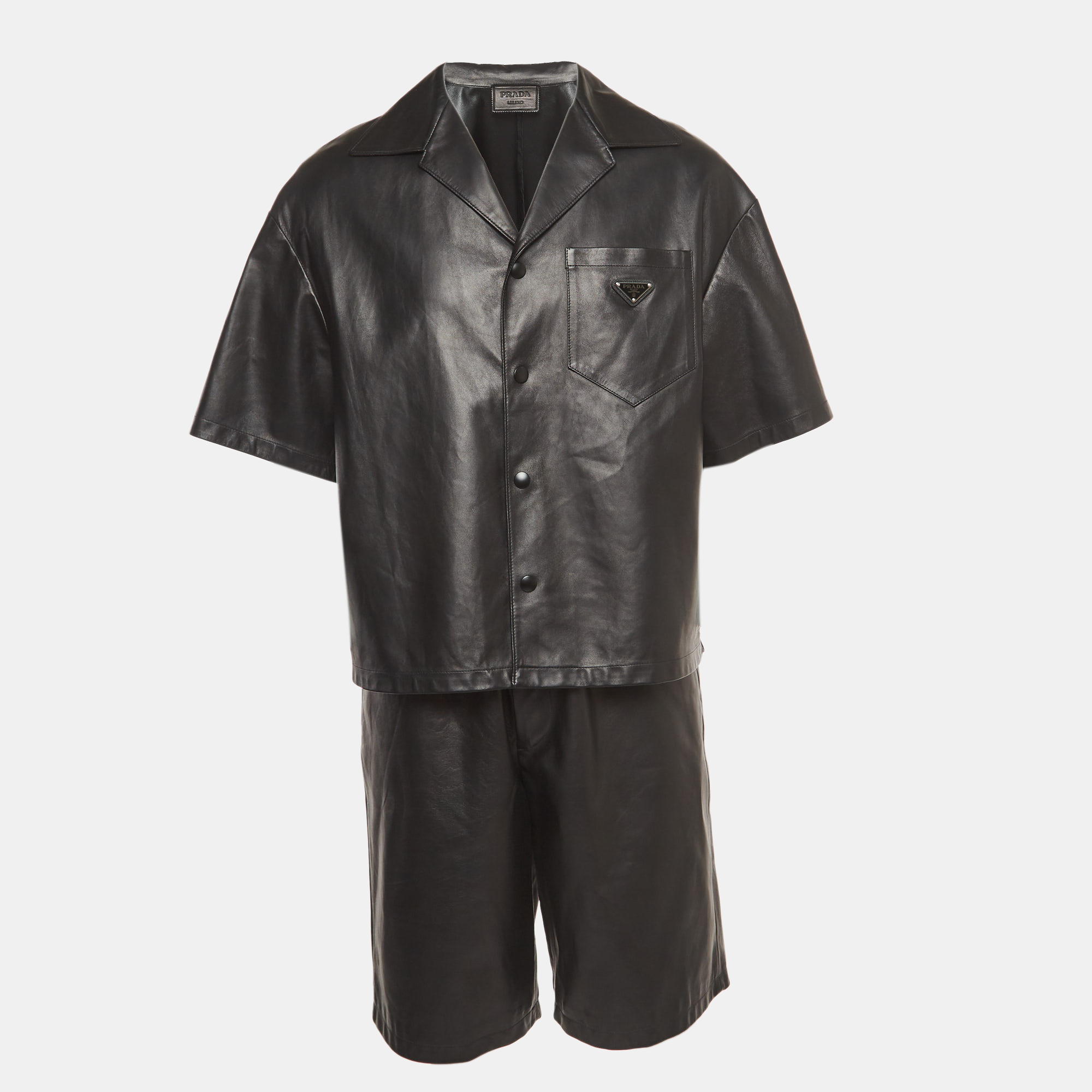 

Prada Black Nappa Leather Metal Logo Embellished Shorts and Shirt Set