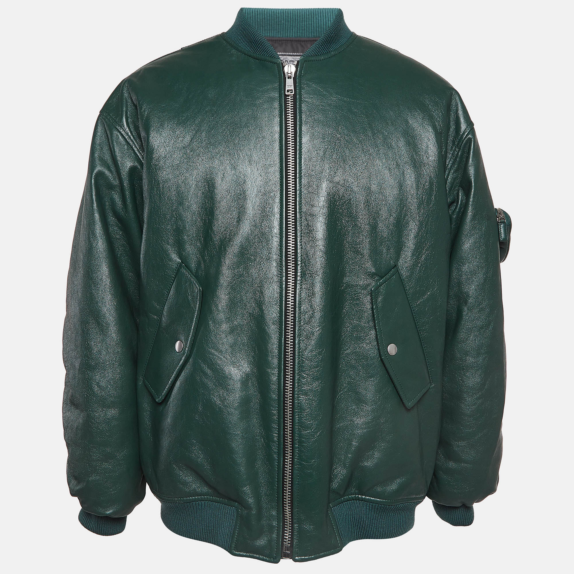 

Prada Green Metal Triangle Leather Bomber Jacket
