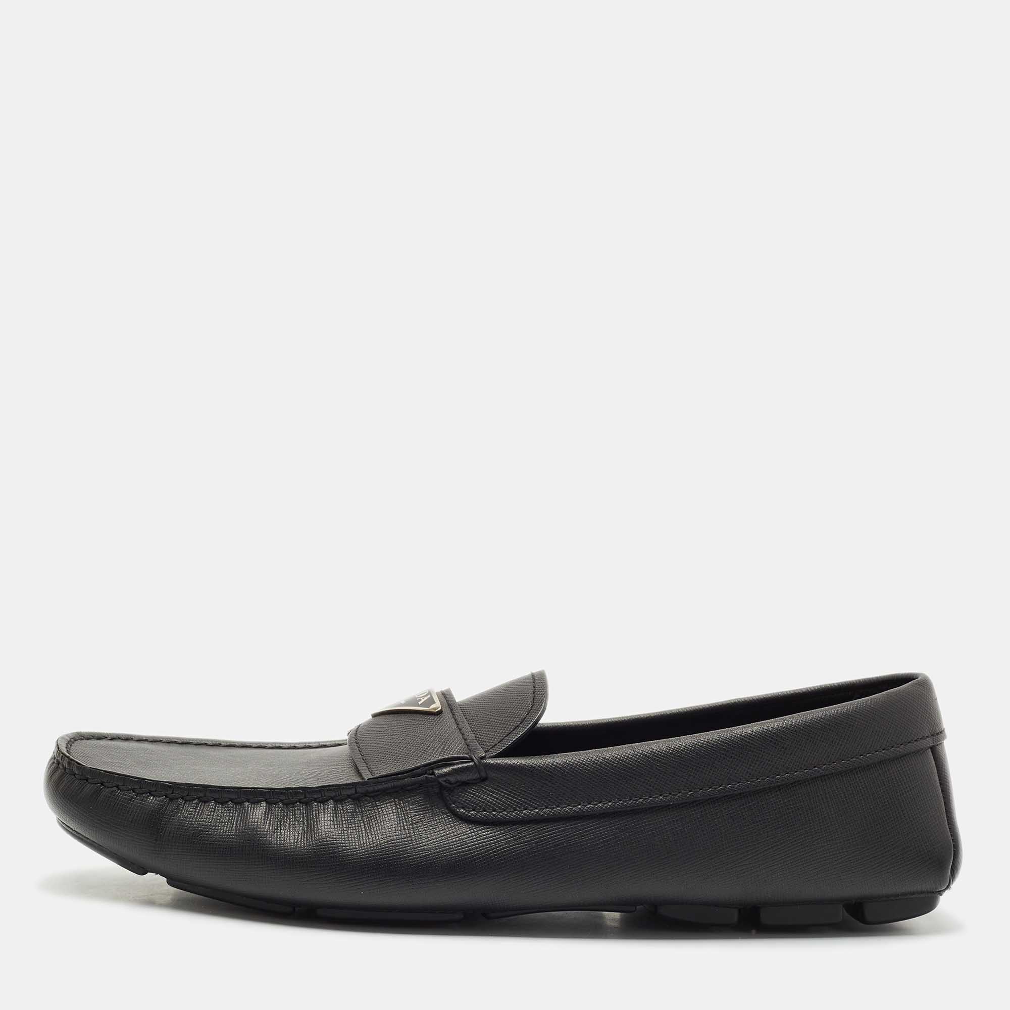Pre-owned Prada Black Leather Slip On Loafers Size 45
