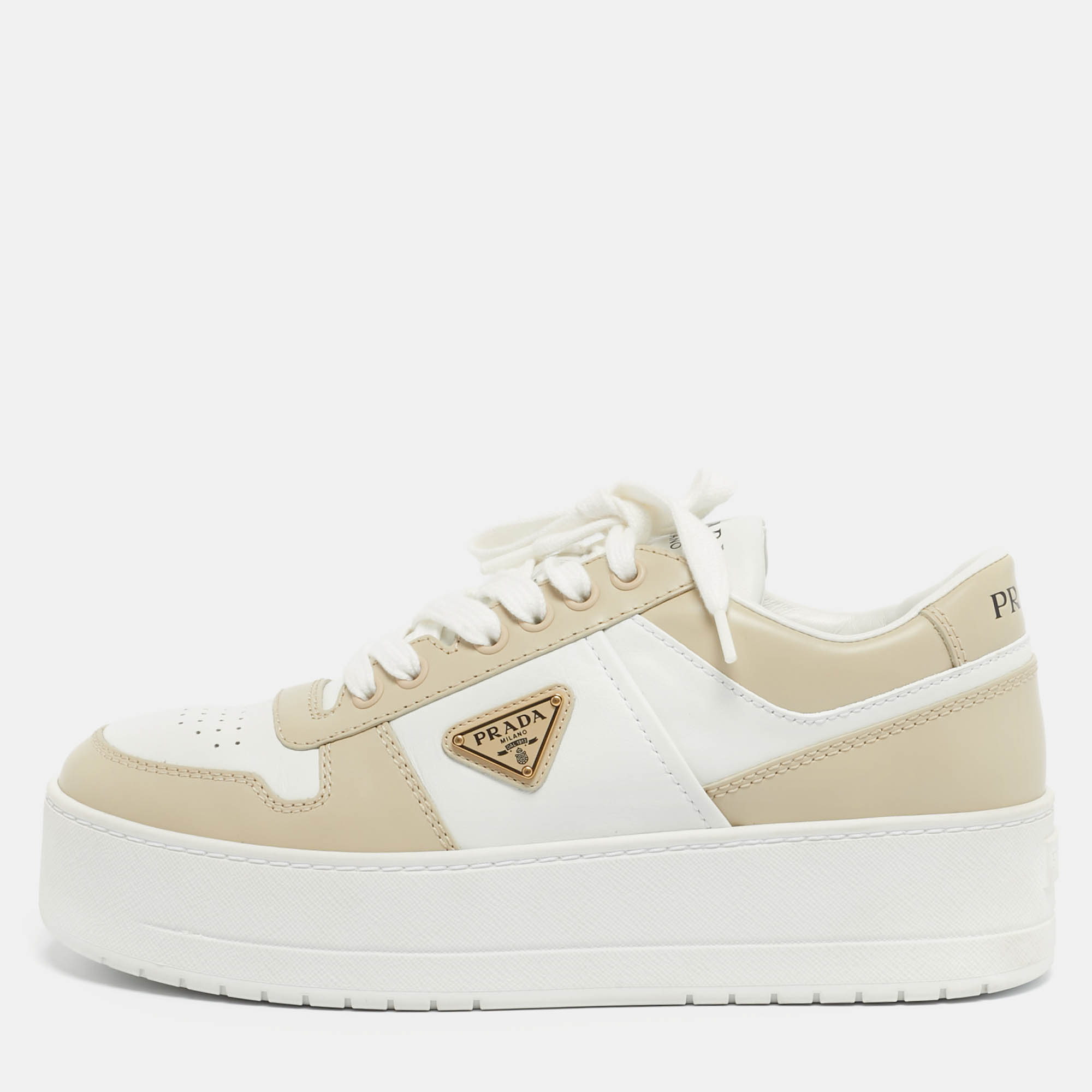 

Prada Cream/White Leather Downtown Lace Up Sneakers Size