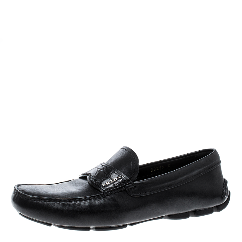 Pre Owned Prada Black Leather and Croc Trim Penny Loafers Size 40.5