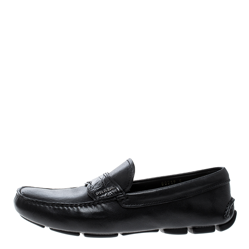 

Prada Black Leather and Croc Trim Penny Loafers Size