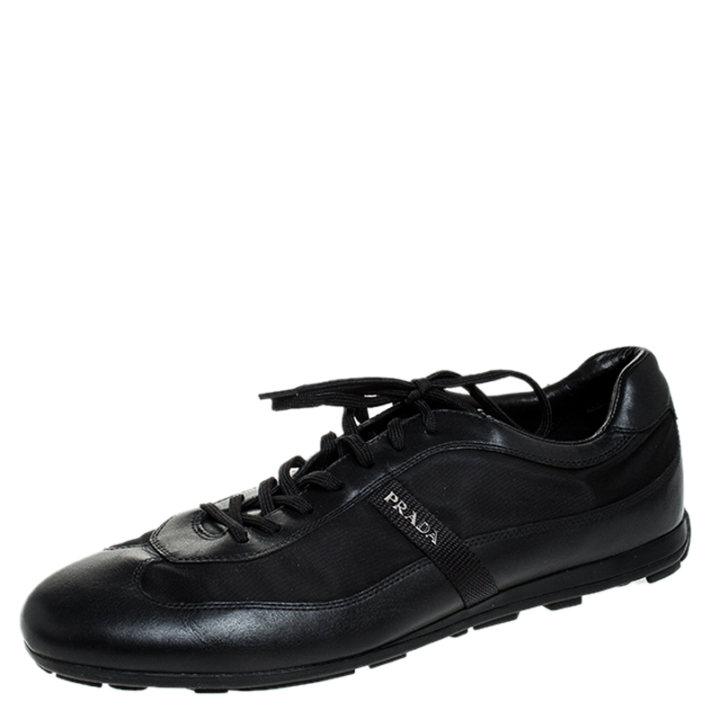 Prada Black Leather And Nylon Lace Up Sneakers Size 44