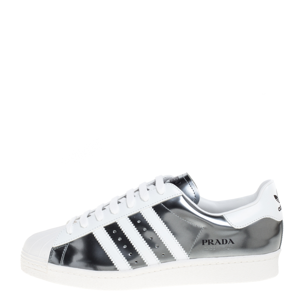 

Prada x Adidas Silver/White Leather Superstar Low Top Sneakers Size 44 2/3