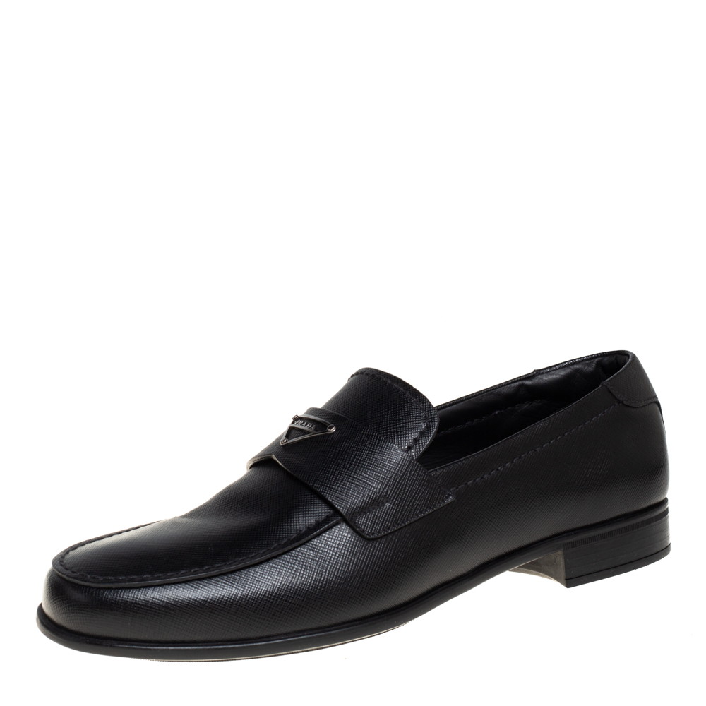 Pre-owned Prada Black Saffiano Leather Logo Loafers Size 40.5
