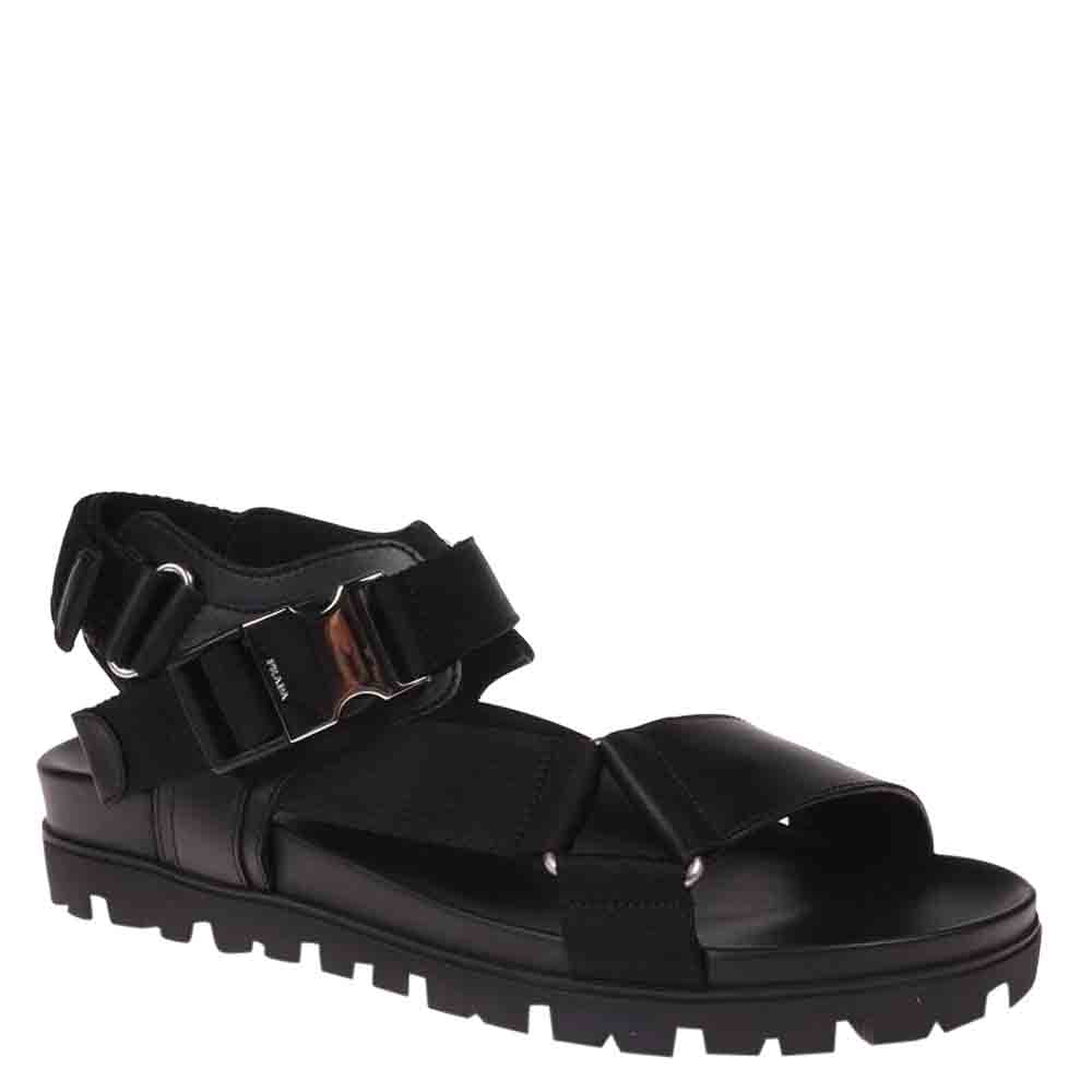 

Prada Black Leather And Technical Fabric Sandals Size EU  UK 7