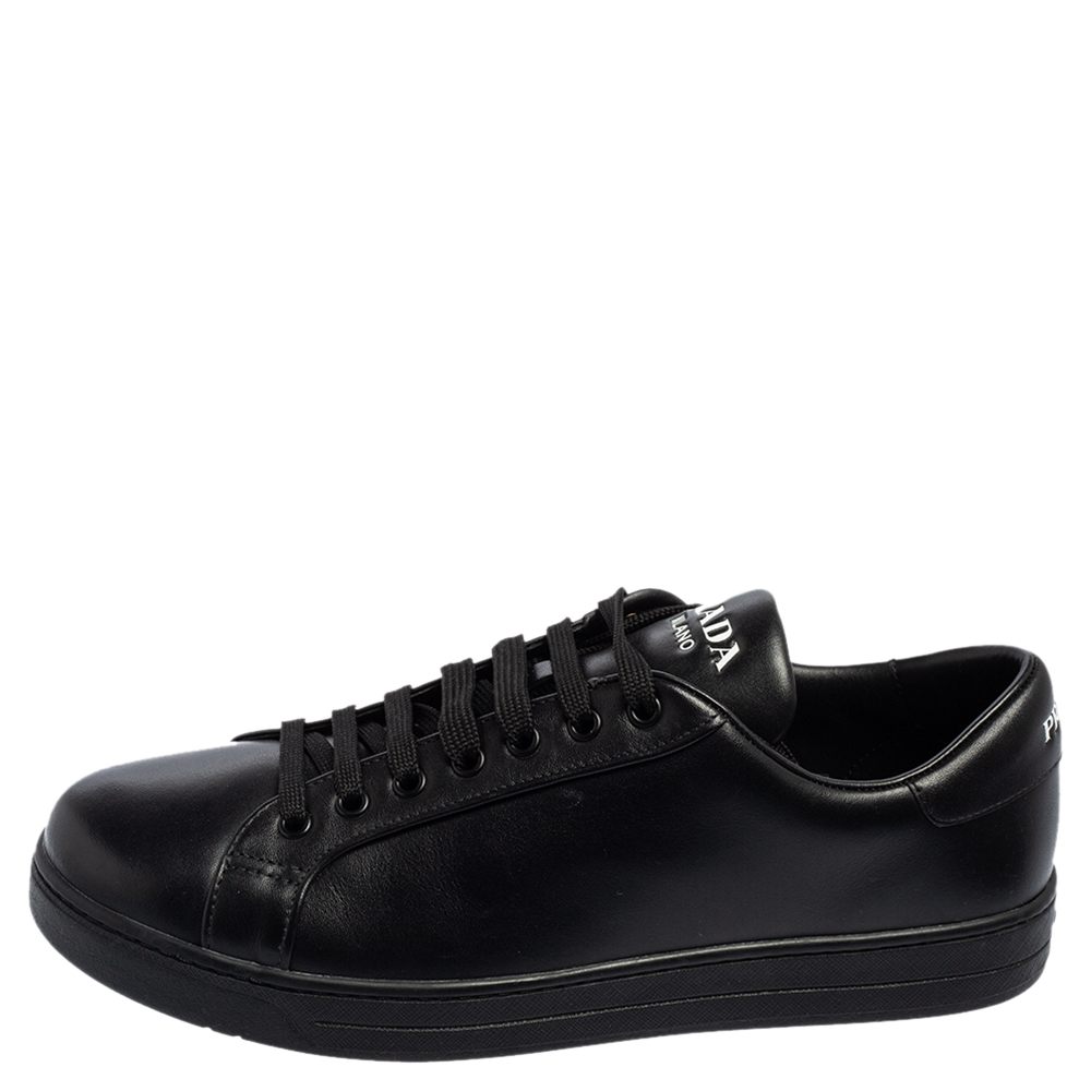 

Prada Black Leather Logo Lace Low Top Sneakers Size