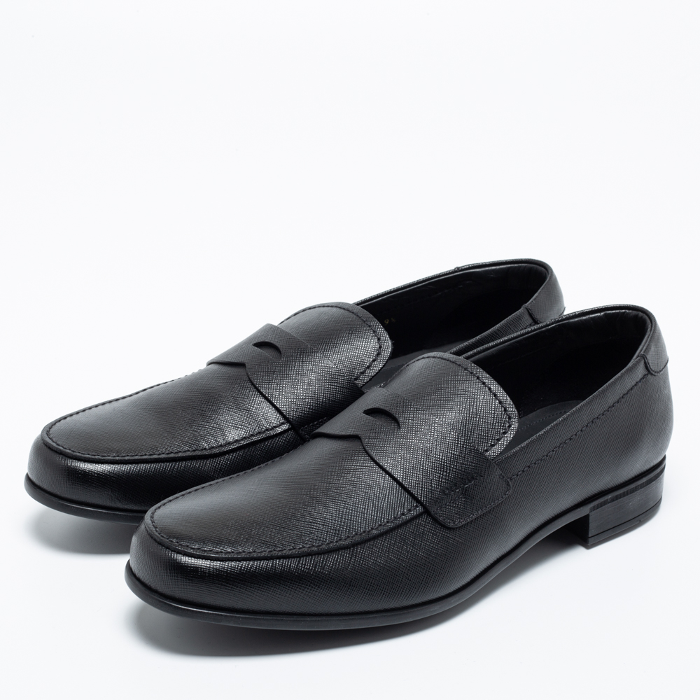 

Prada Black Saffiano Leather Penny Slip On Loafers Size