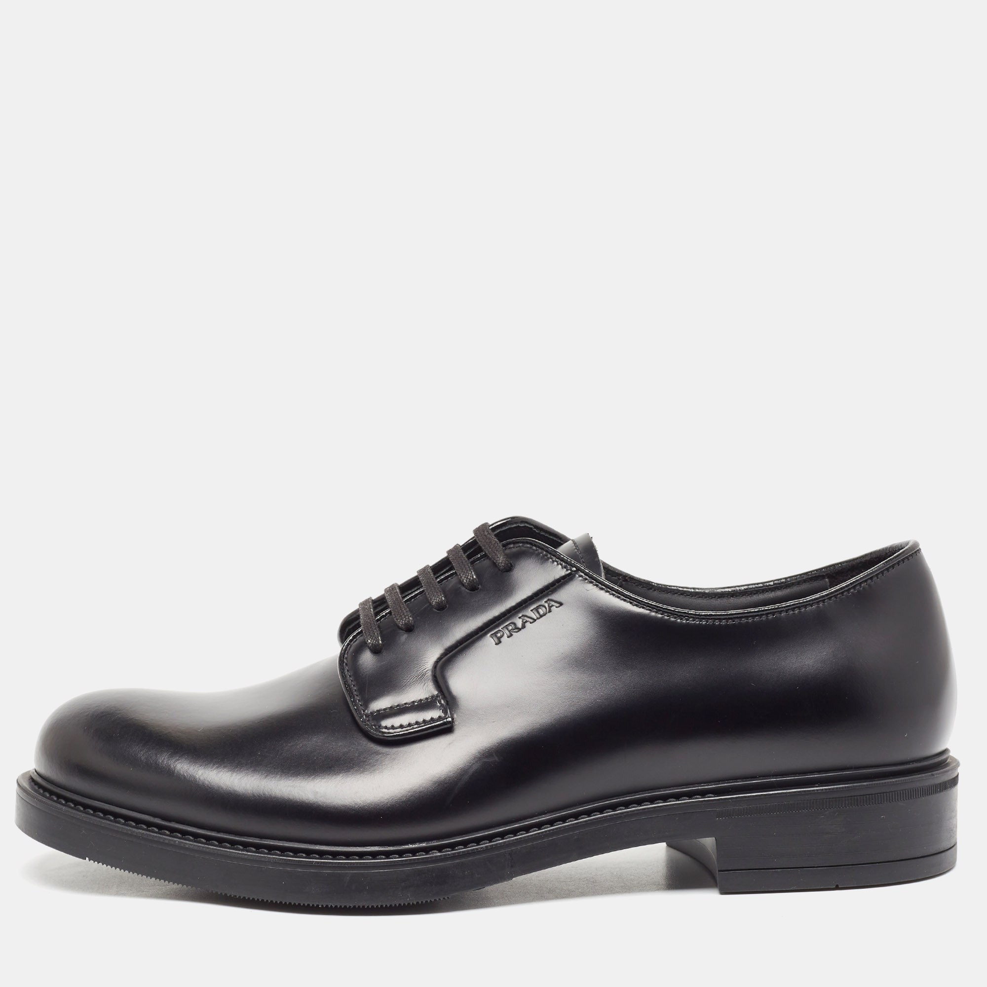 Pre-owned Prada Black Leather Lace Up Oxfords Size 40