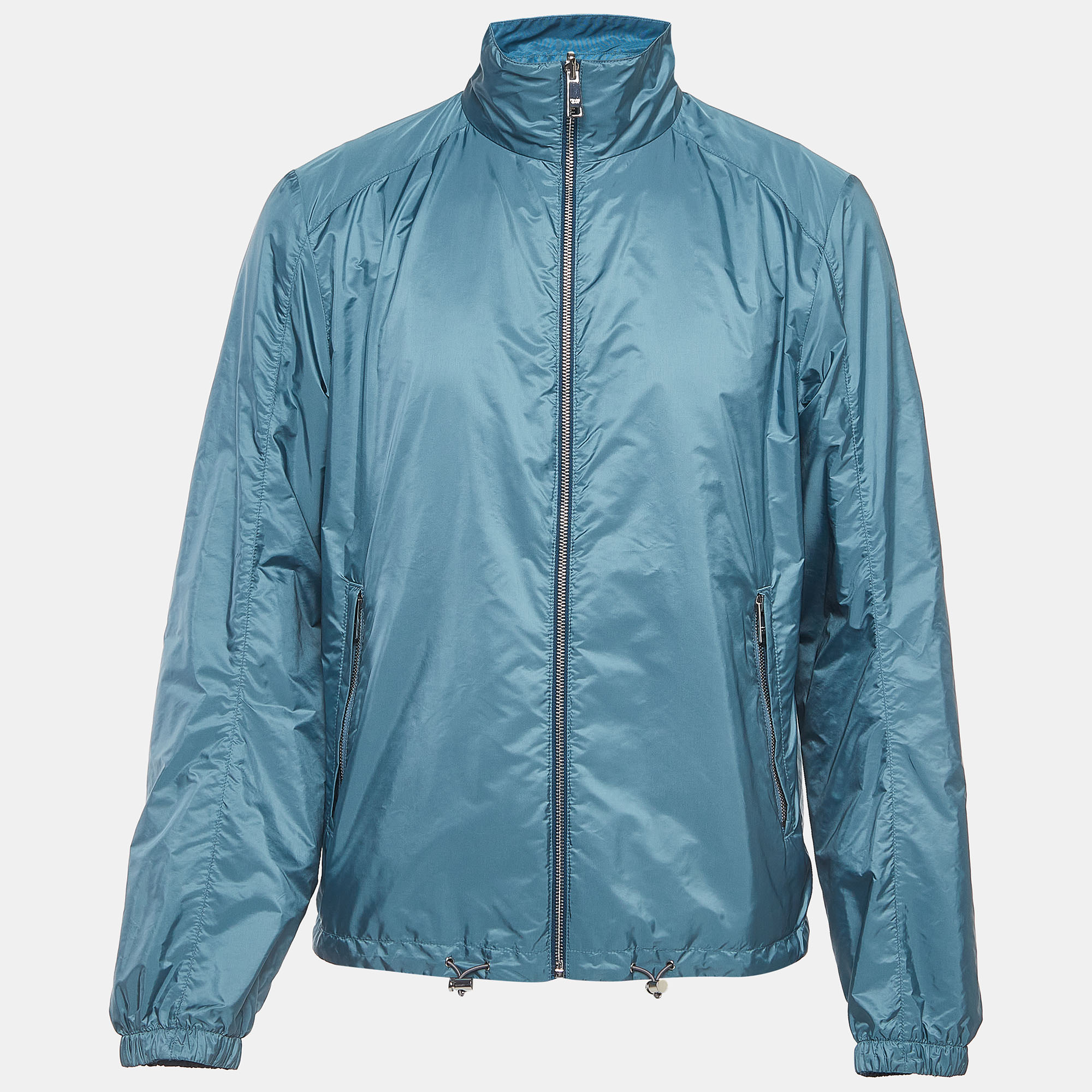 Pre-owned Prada Blue Applique Detail Synthetic Reversible Zipper Jacket Xl