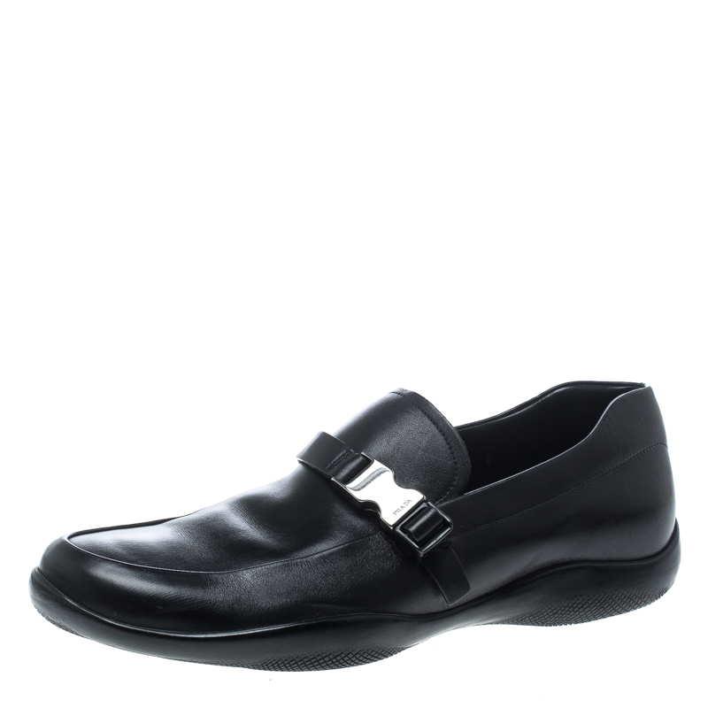 Prada Sport Black Leather Buckle Detail Loafers Size 43