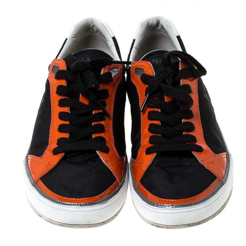 Prada Sport Black/Orange Nylon and Patent Leather Lace Up Low Top ...