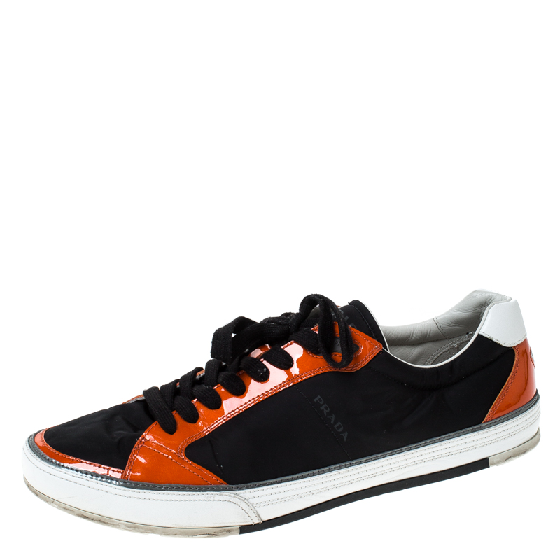 Prada Sport Black/Orange Nylon and Patent Leather Lace Up Low Top Sneakers Size 45