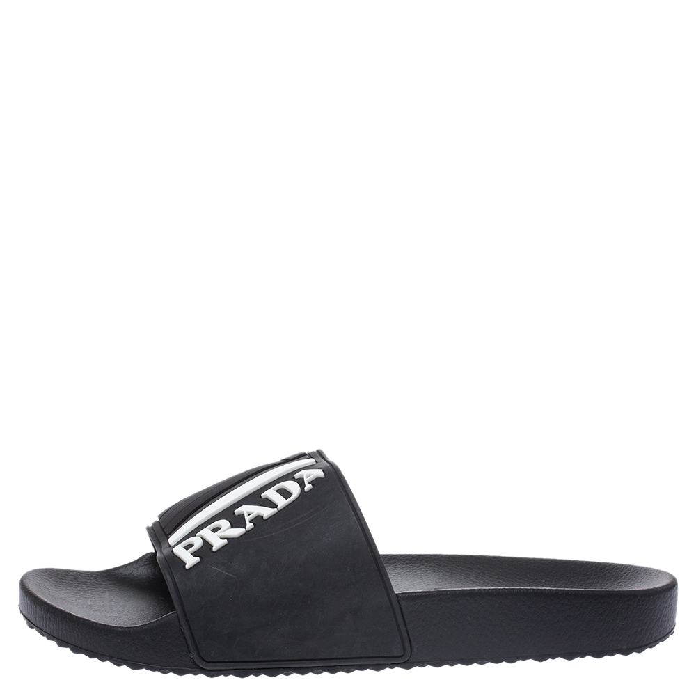 

Prada Sport Black Rubber White Logo Embossed Pool Slides Size