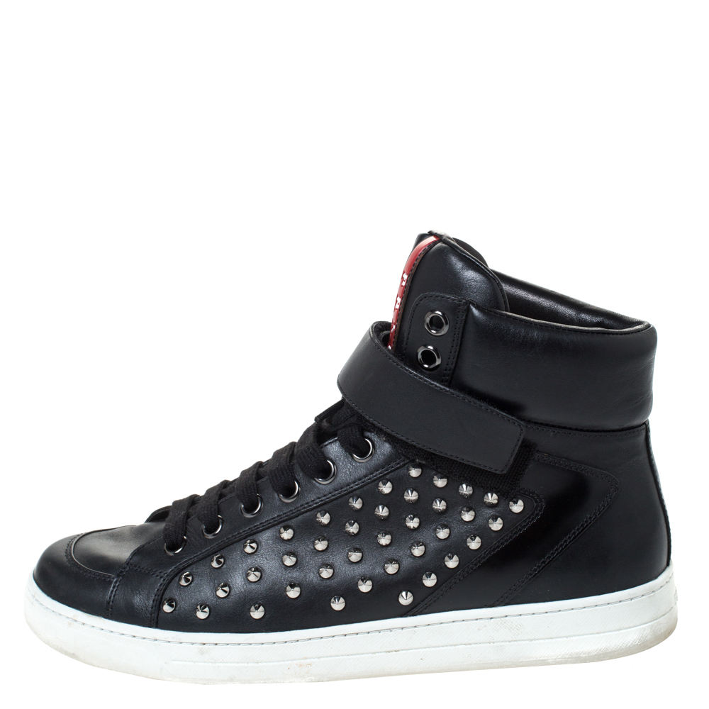 

Prada Sport Black Leather Studded Lace Up High Top Sneakers Size
