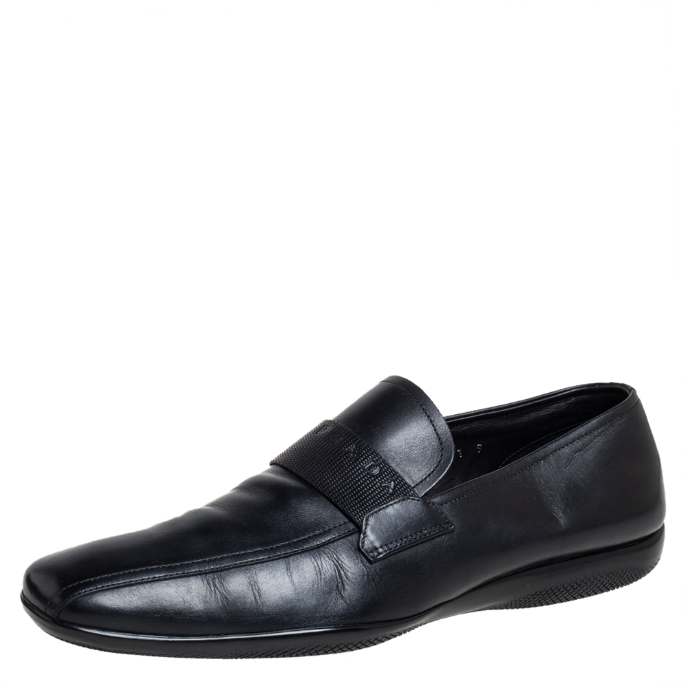 Pre-owned Prada Black Leather Sip On Loafers Size 43