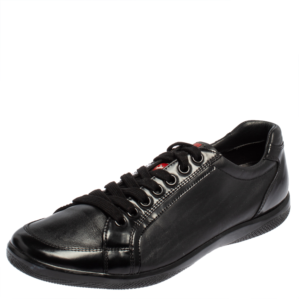 Pre-owned Prada Black Leather And Patent Lace Up Sneakers Size 41
