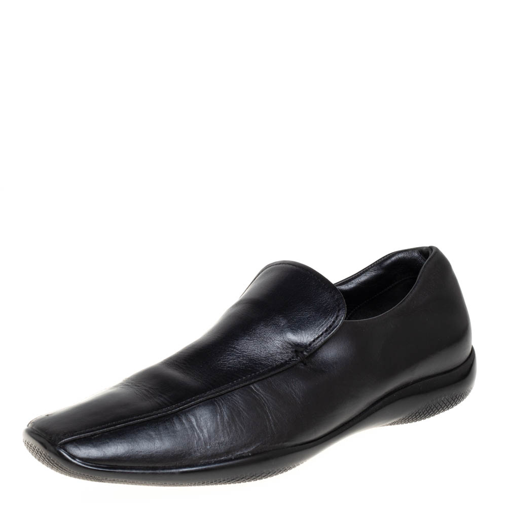 Pre-owned Prada S Black Leather Slip On Loafers Size 43