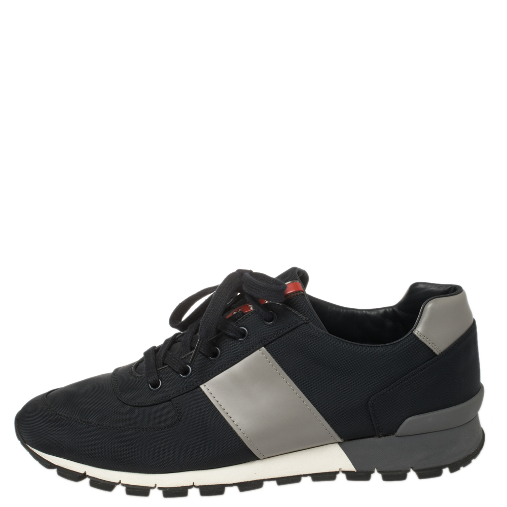 

Prada Sport Navy Blue Match Race Fabric and Leather Low Top Sneakers Size