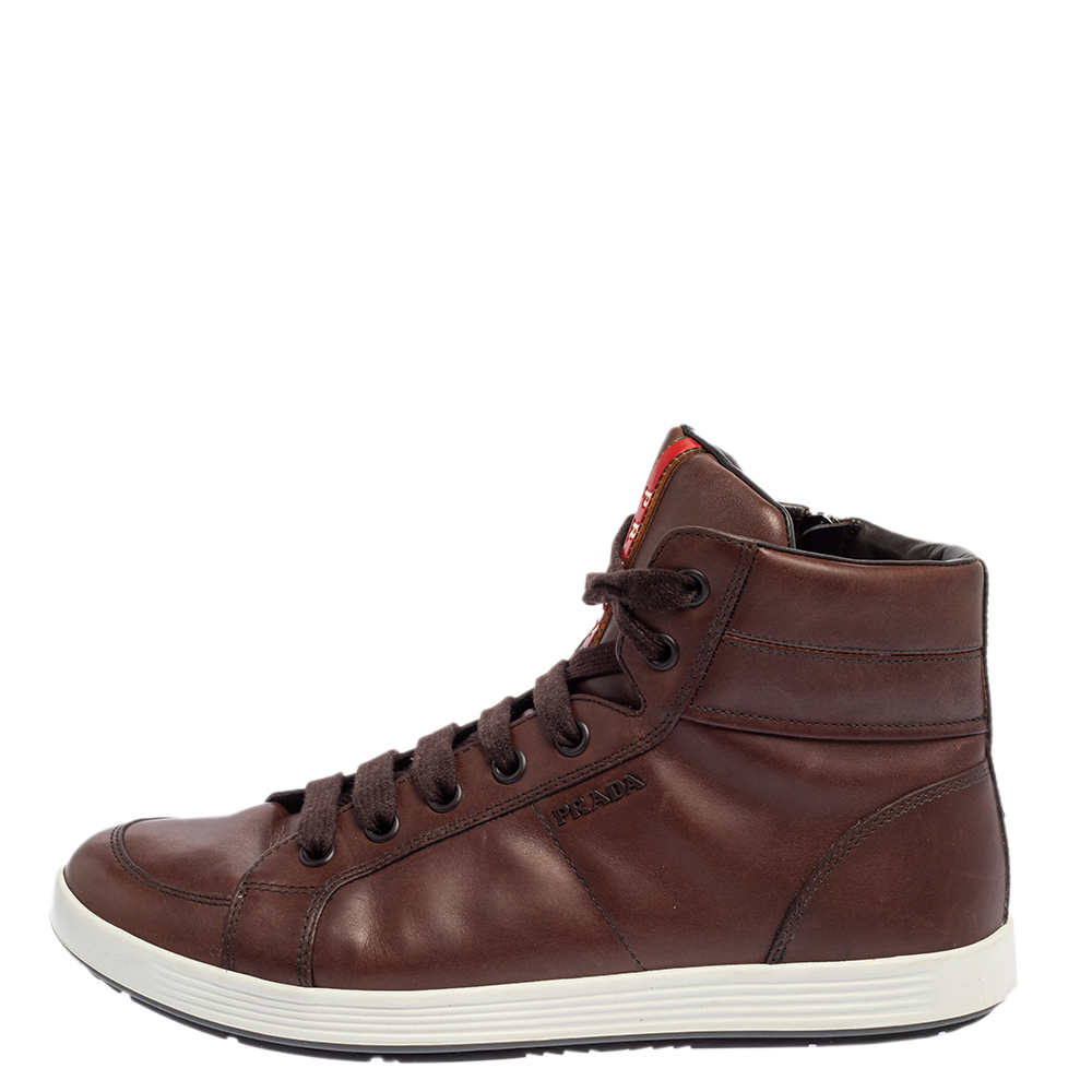 

Prada Sport Brown Leather High Top Sneakers Size