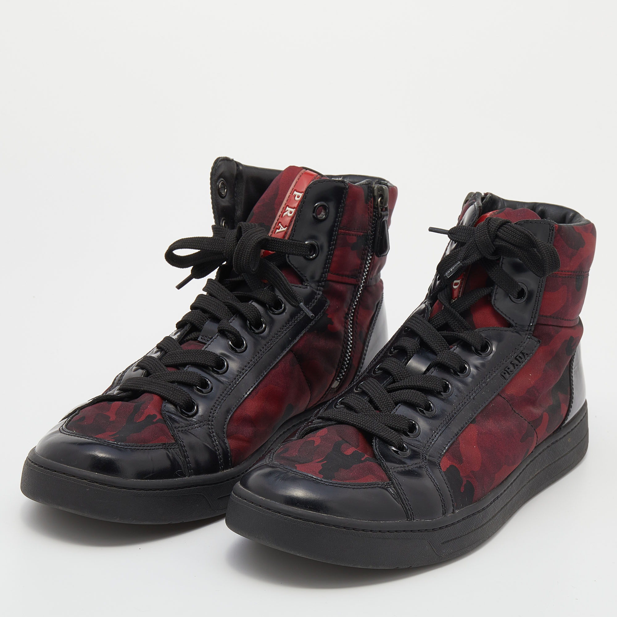 

Prada Sport Black/Red Leather And Camo Print Nylon High Top Sneakers Size