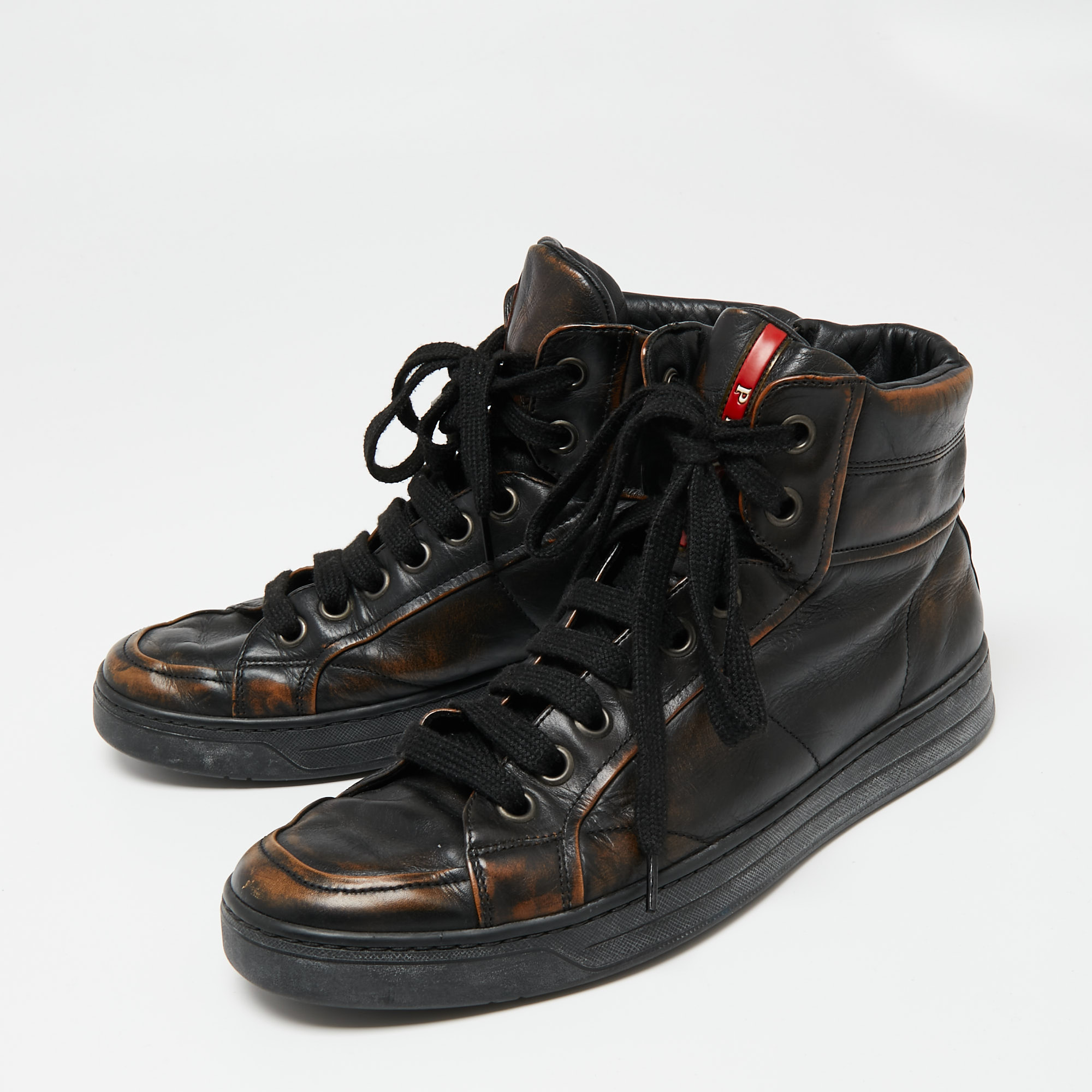 

Prada Sport Black/Brown Leather High-Top Sneakers Size