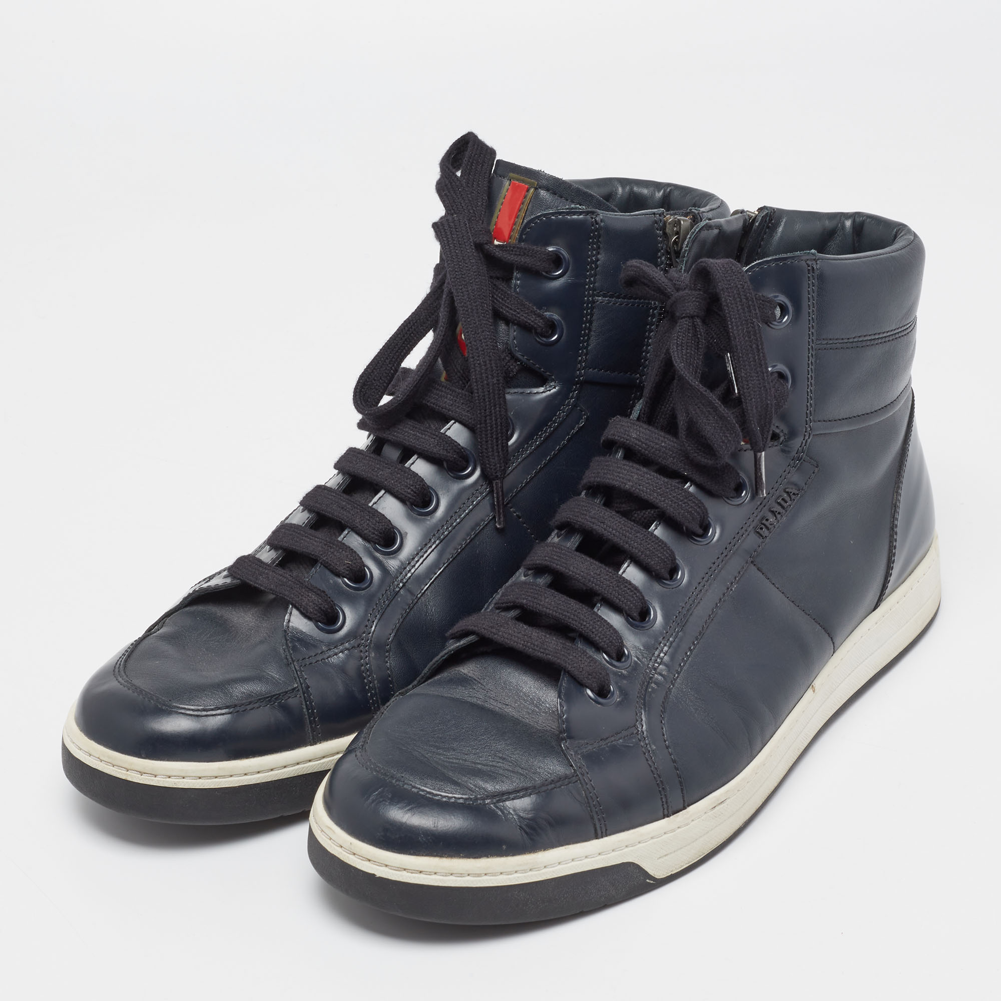 

Prada Sport Navy Blue Patent and Leather High-Top Sneakers Size