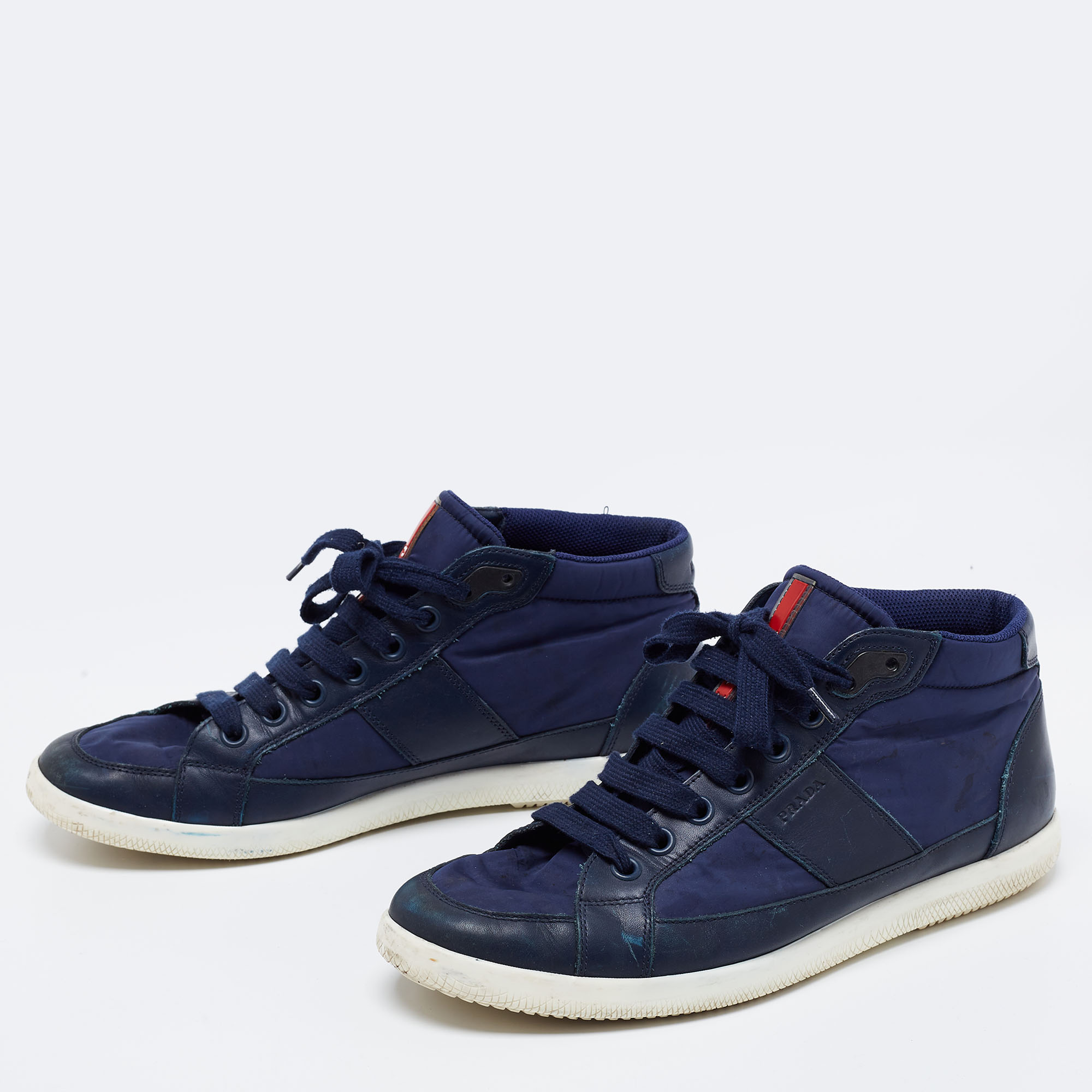 

Prada Sport Navy Blue Nylon And Leather Mid Top Sneakers Size