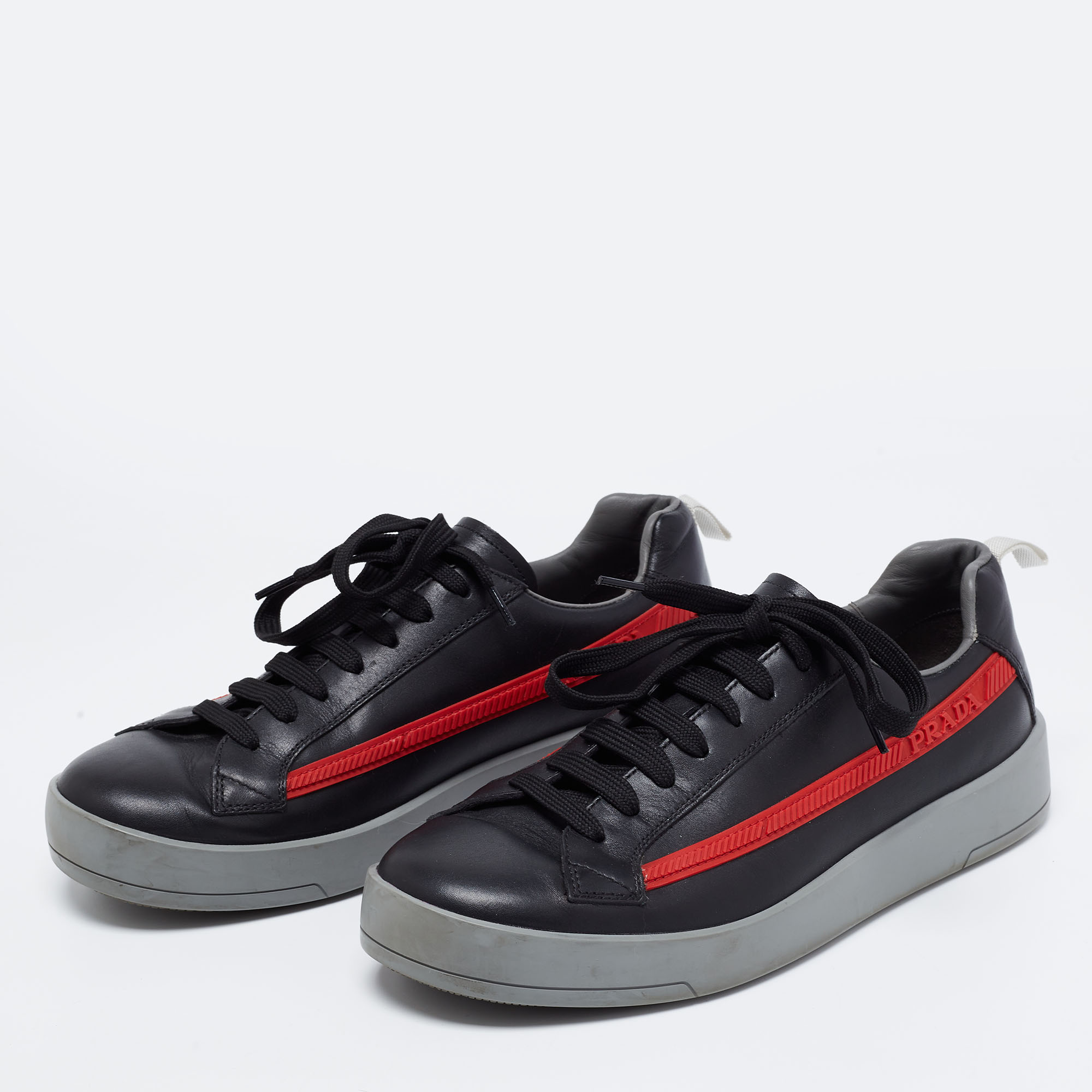 

Prada Sport Black/Red Leather and Rubber Iconic Vitello Plume Low-Top Sneakers Size