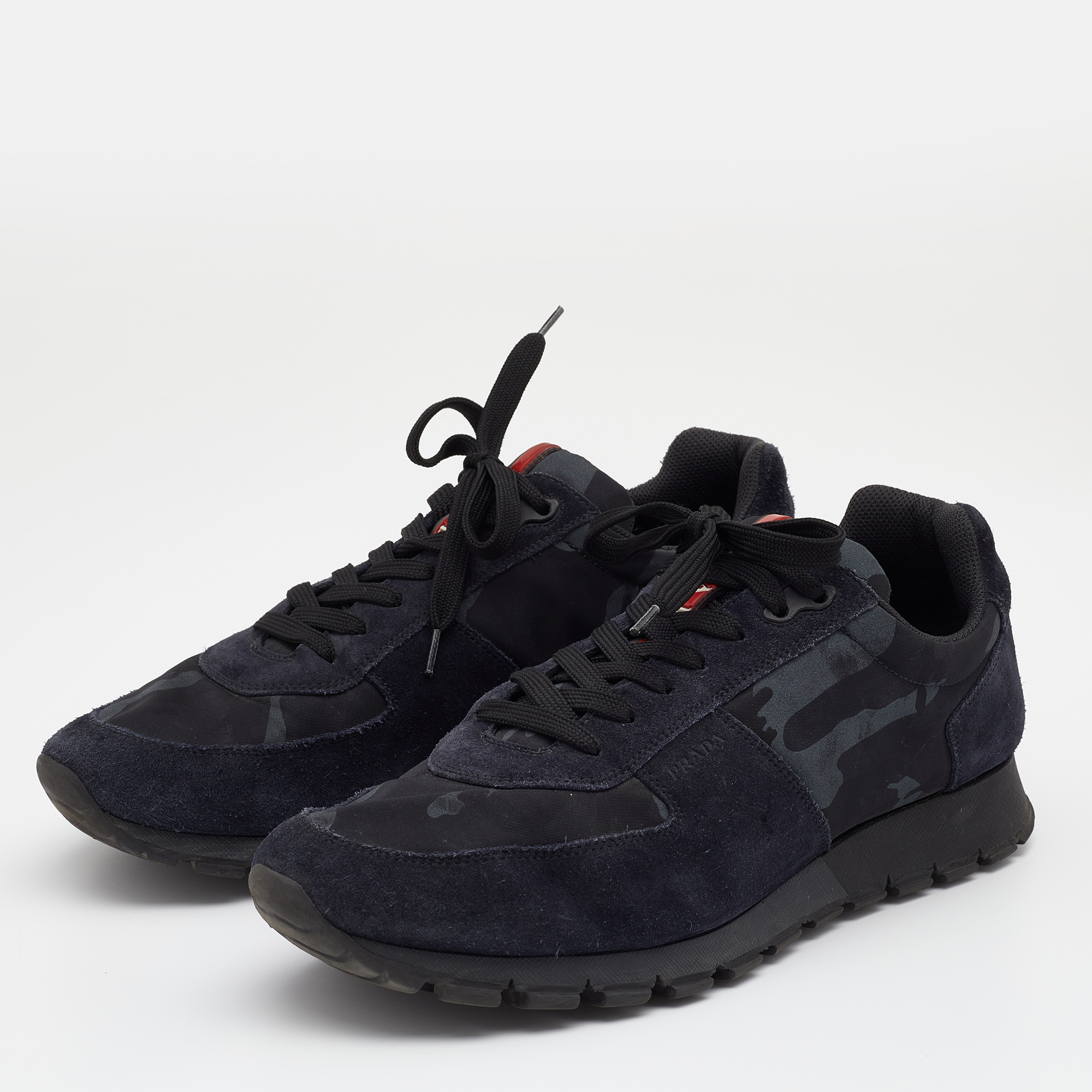 

Prada Sport Navy Blue Suede And Camouflage Print Nylon Low Top Sneakers Size