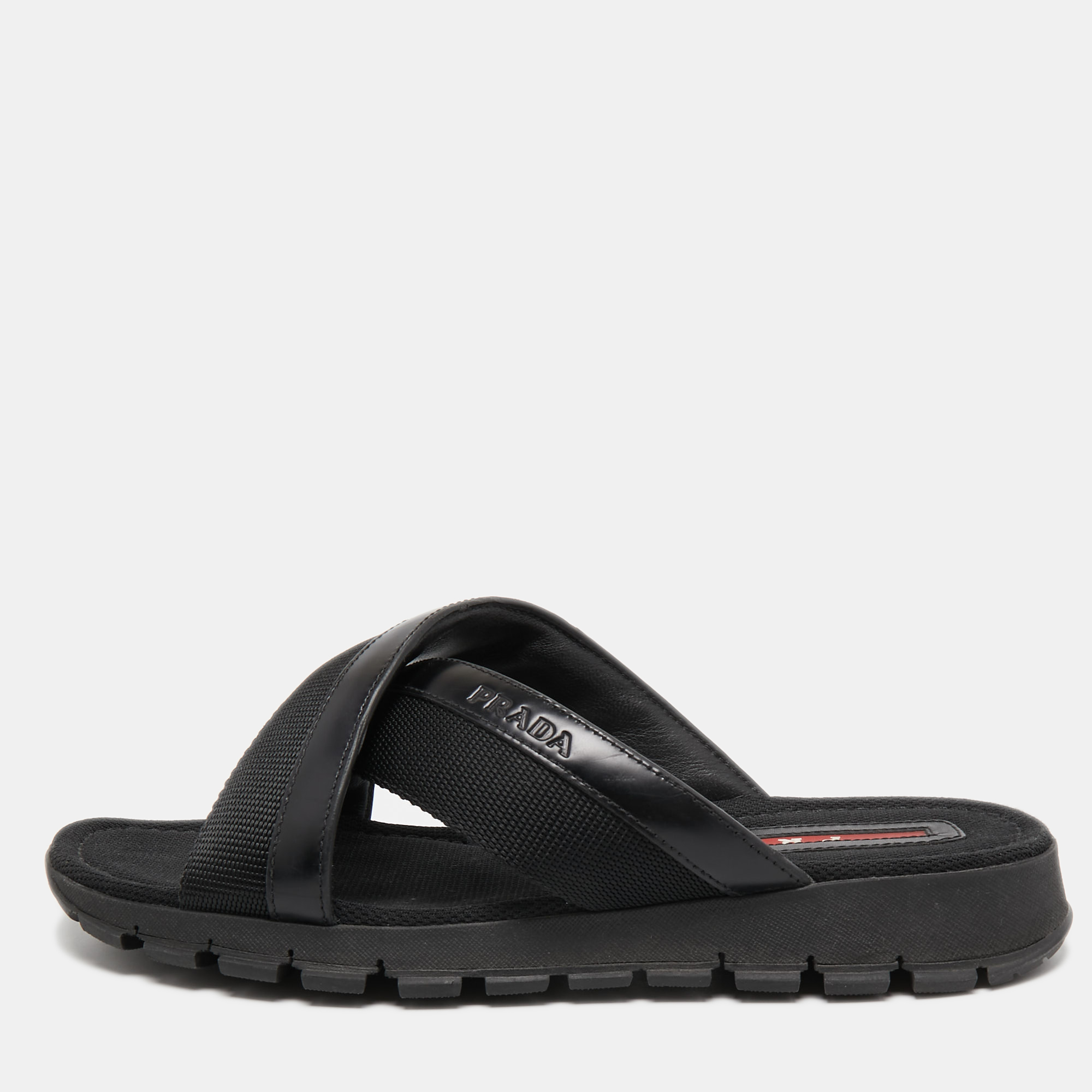 Pre-owned Prada Black Leather And Canvas Crisscross Slides Size 41.5
