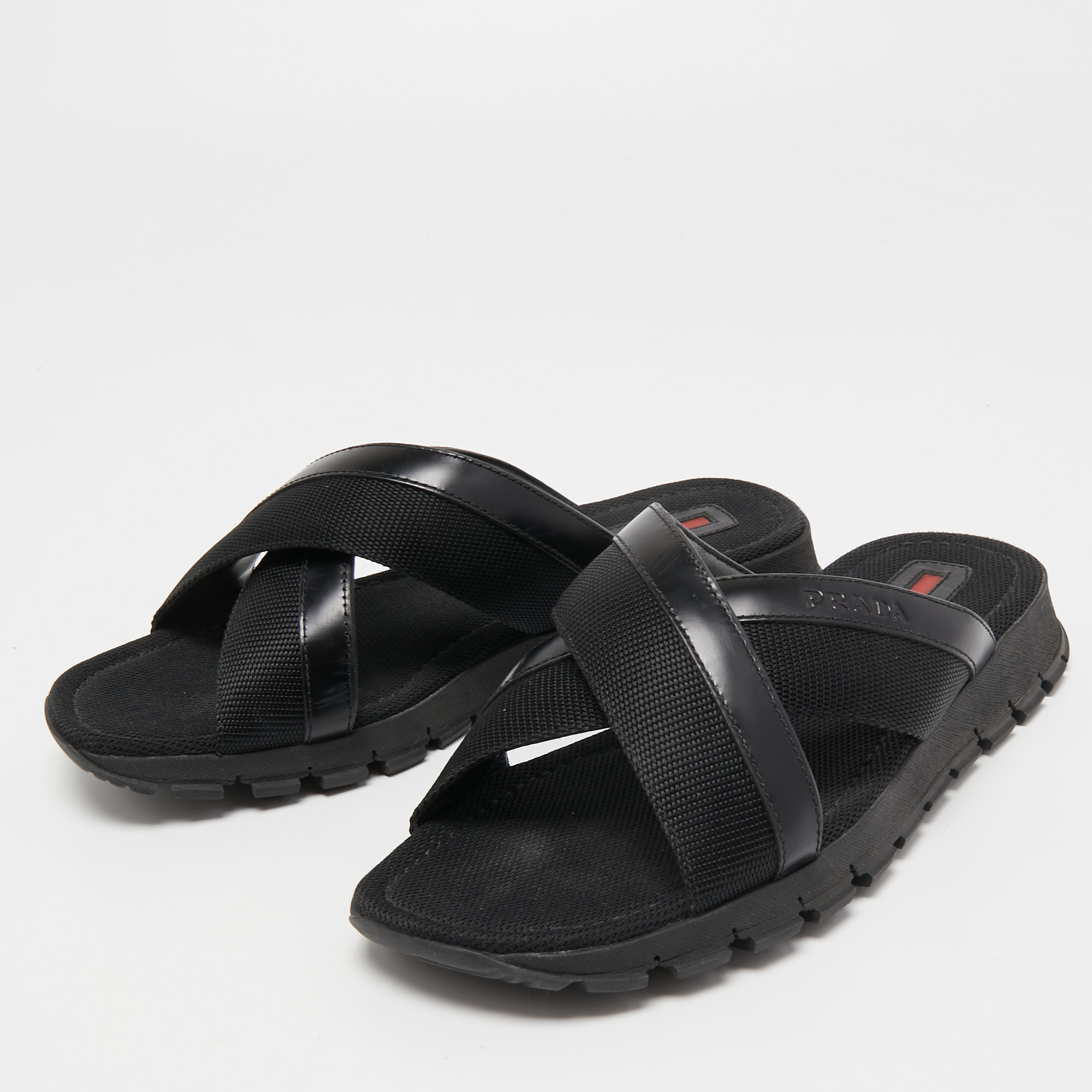 

Prada Sport Black Leather and Canvas Crisscross Slides Size