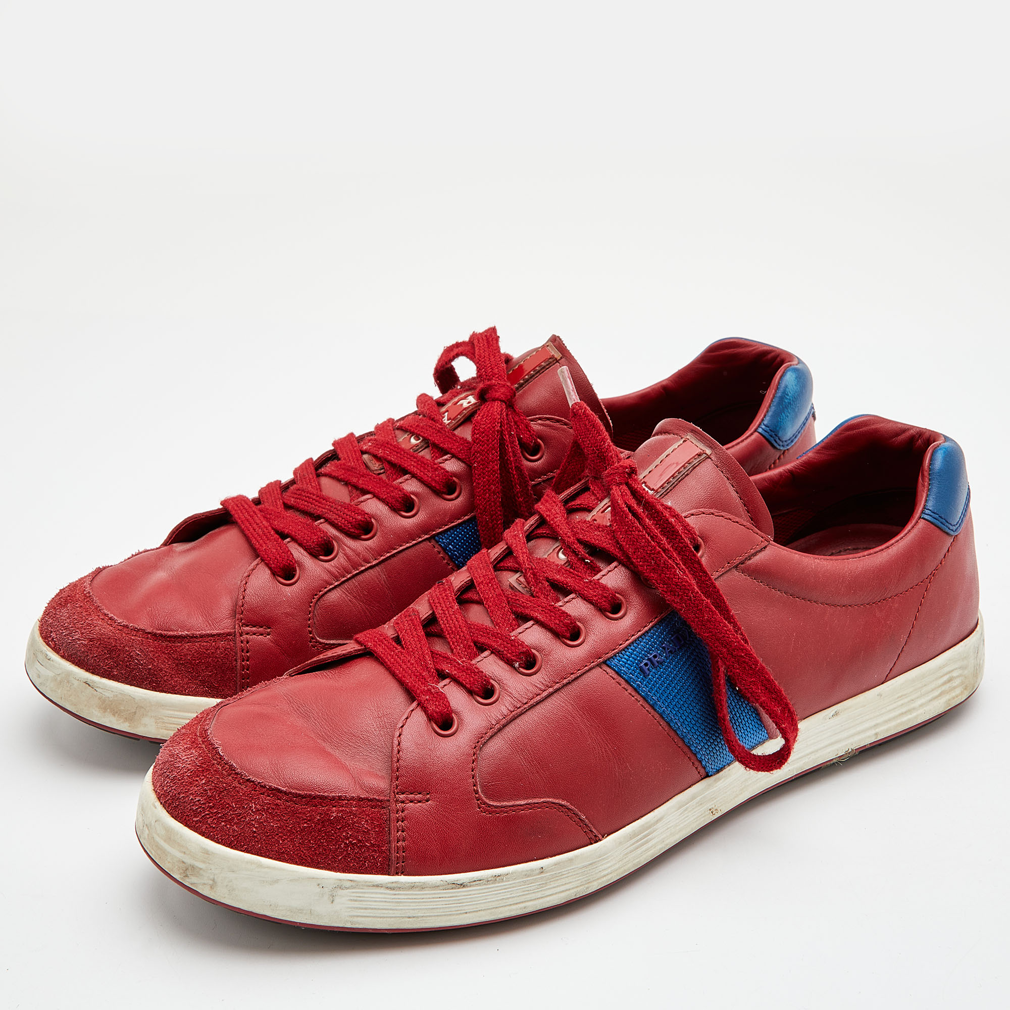 

Prada Sport Red/Blue Leather and Suede Low Top Sneakers Size