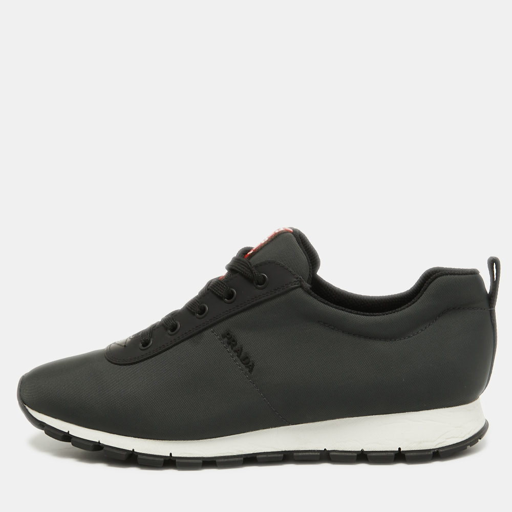 Pre Owned Prada Sport Dark Green/Black Canvas and Leather Low Top Sneakers Size 43.5