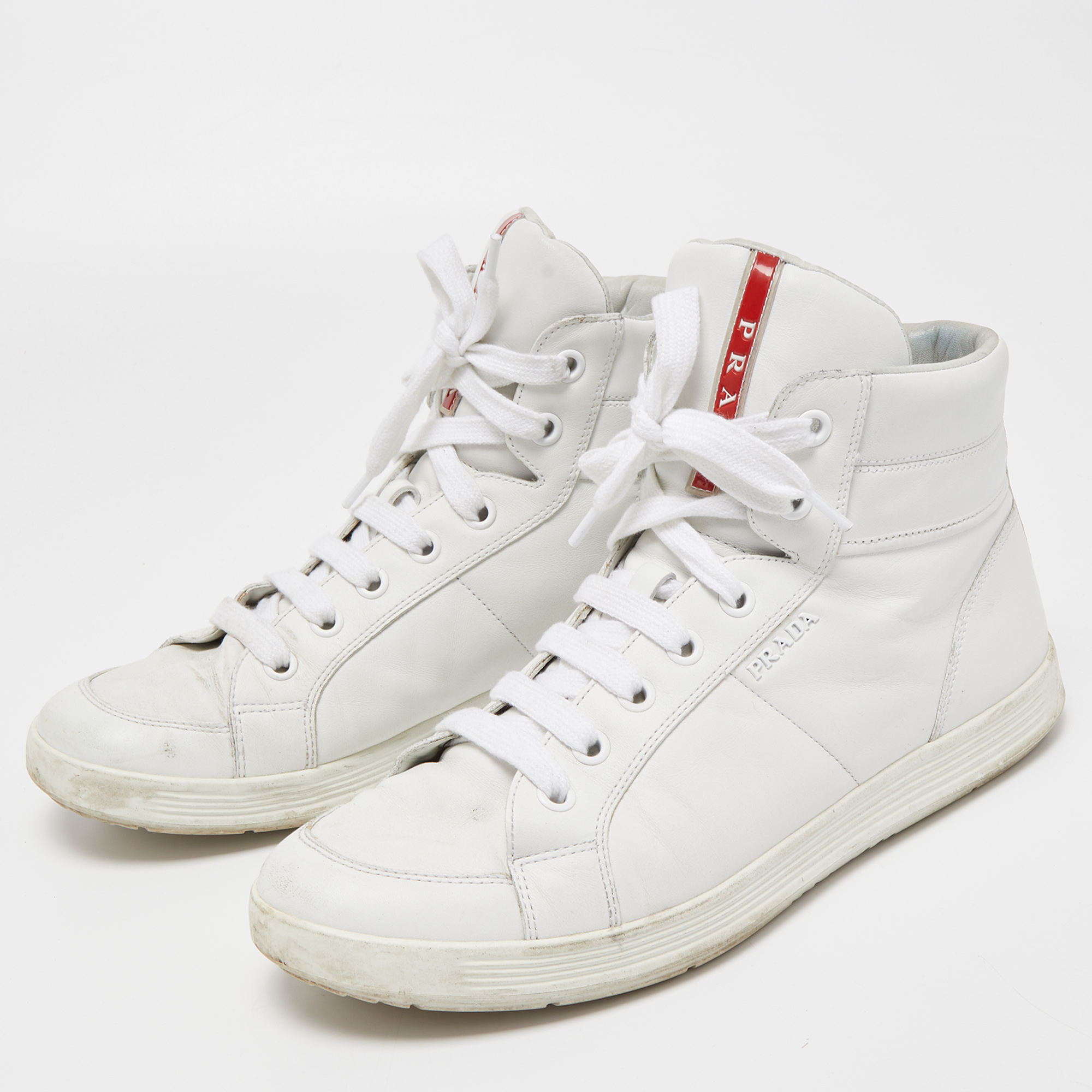 

Prada Sport White Leather Lace Up High Top Sneakers Size