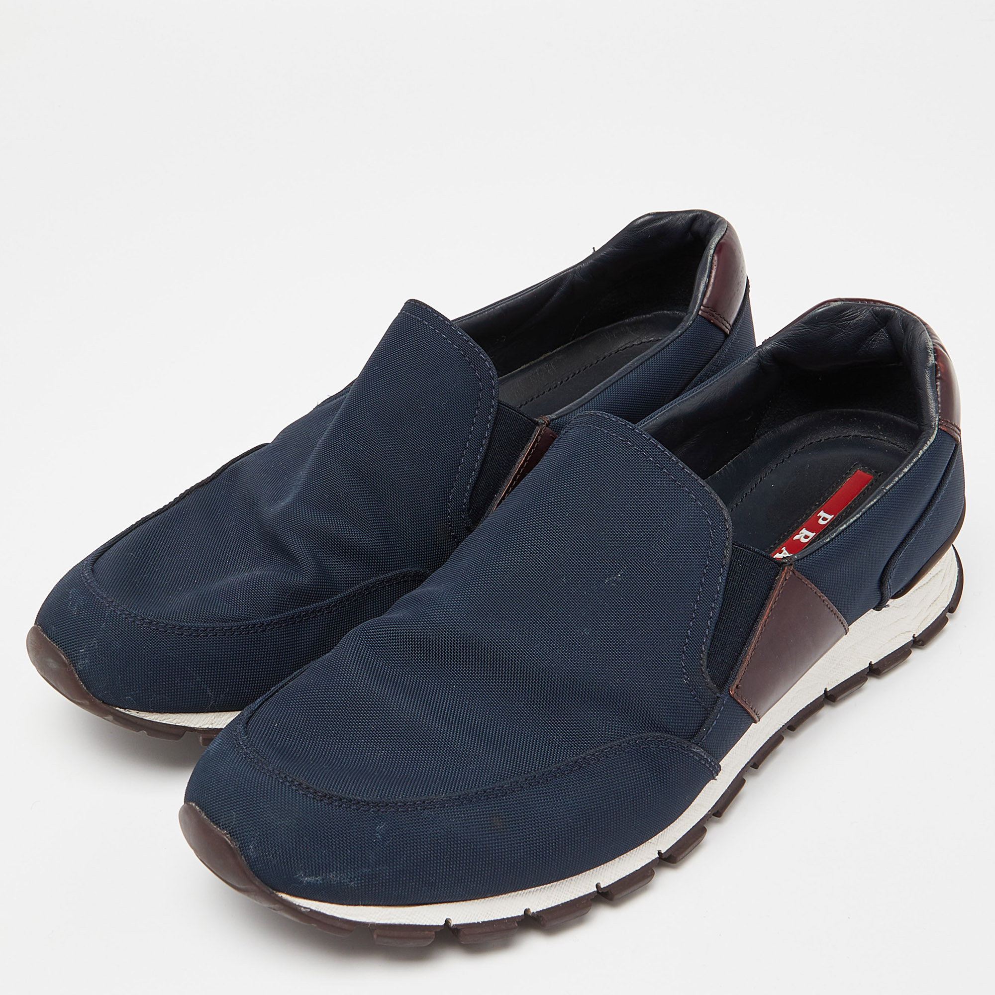 

Prada Sport Navy Blue/Brown Nylon and Leather Slip On Sneakers Size