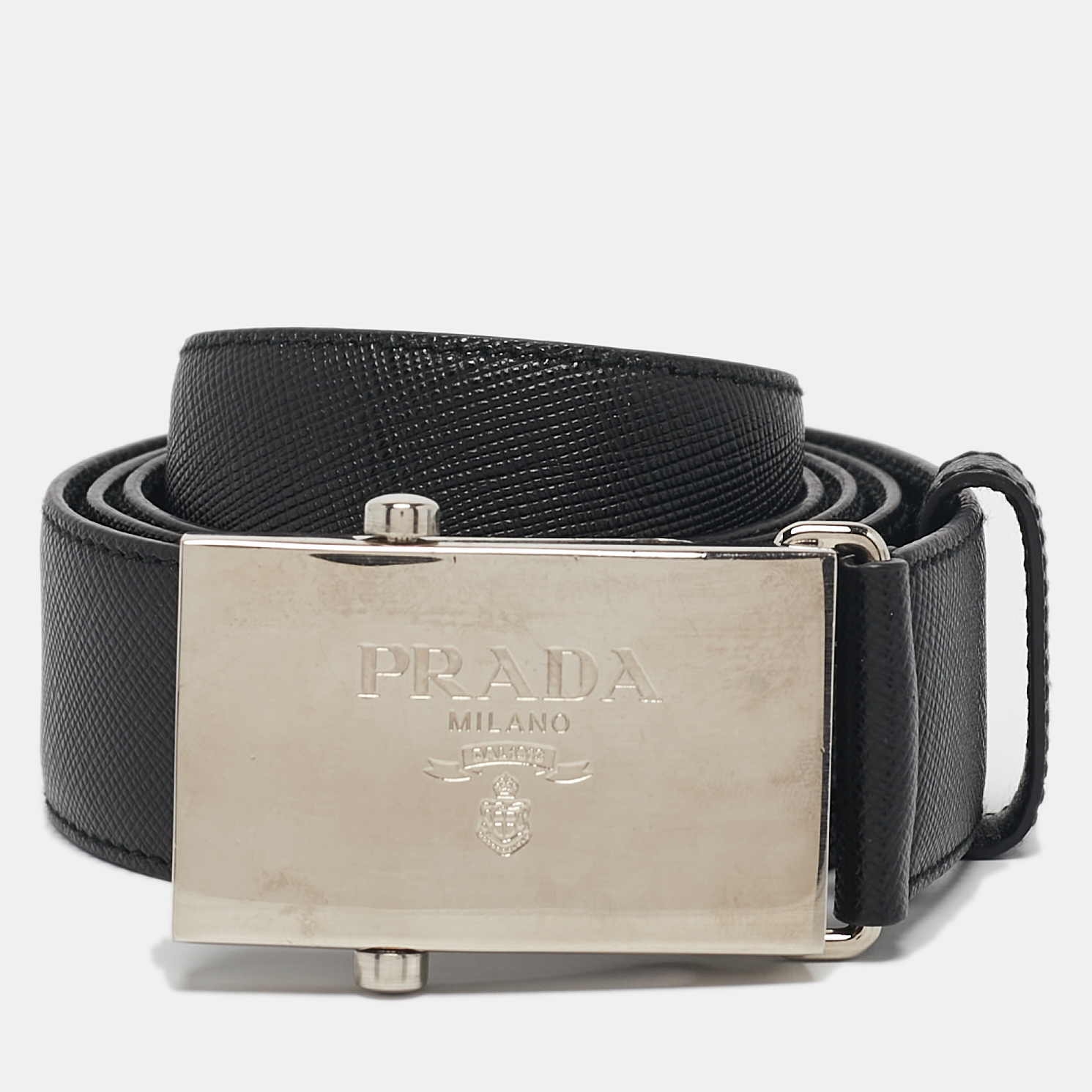 

Prada Black Leather Logo Plague Buckle Belt