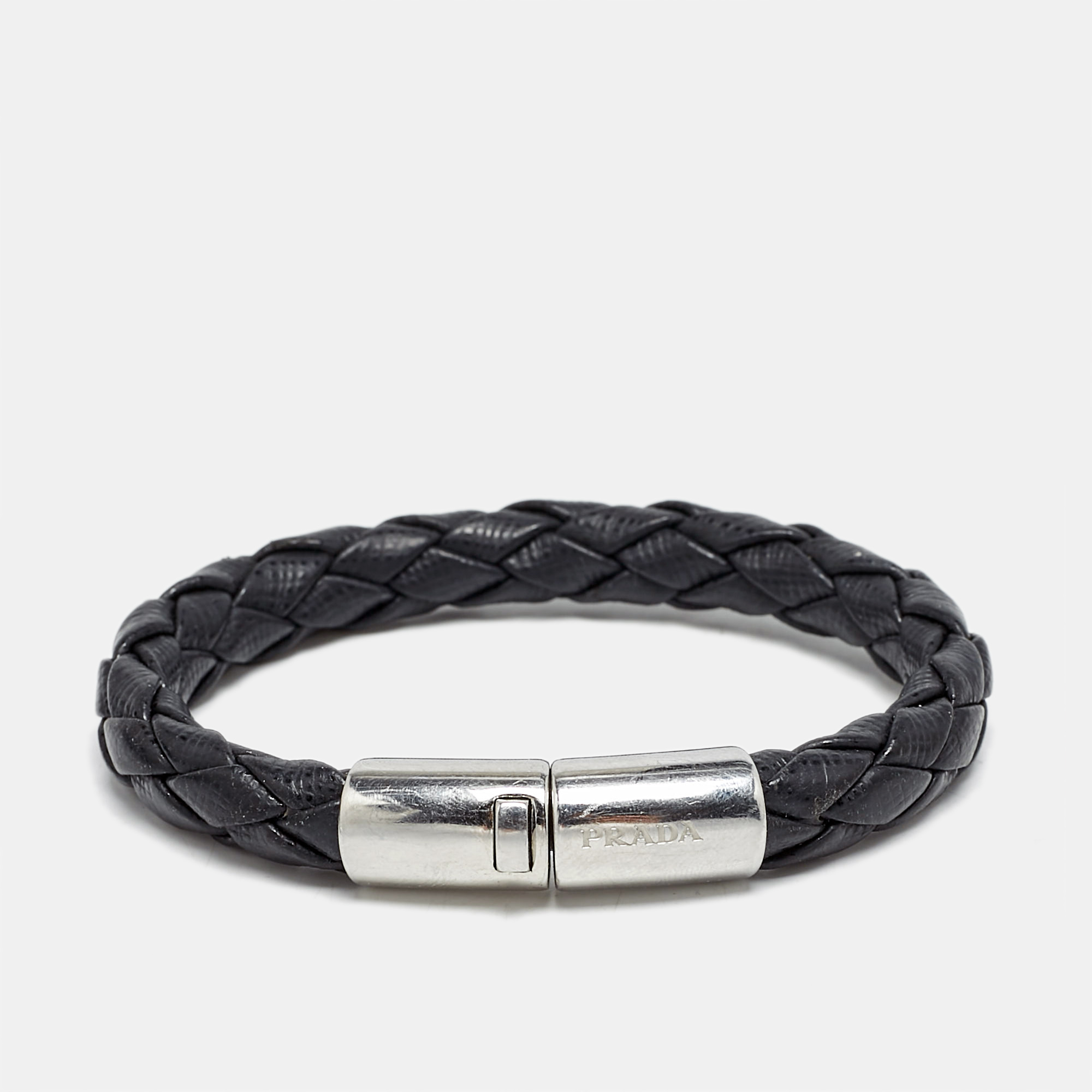 

Prada Braided Leather Silver Tone Bracelet