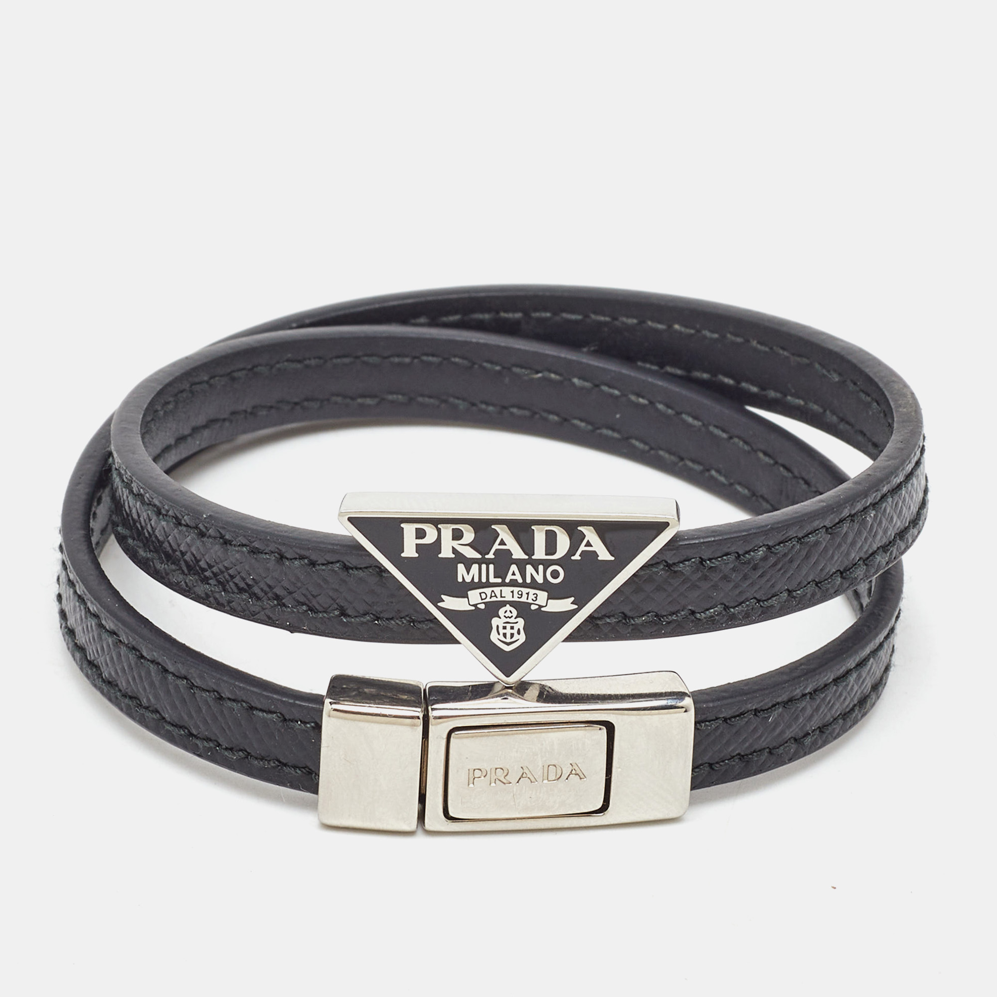 

Prada Black Saffiano Leather Double Wrap Logo Bracelet