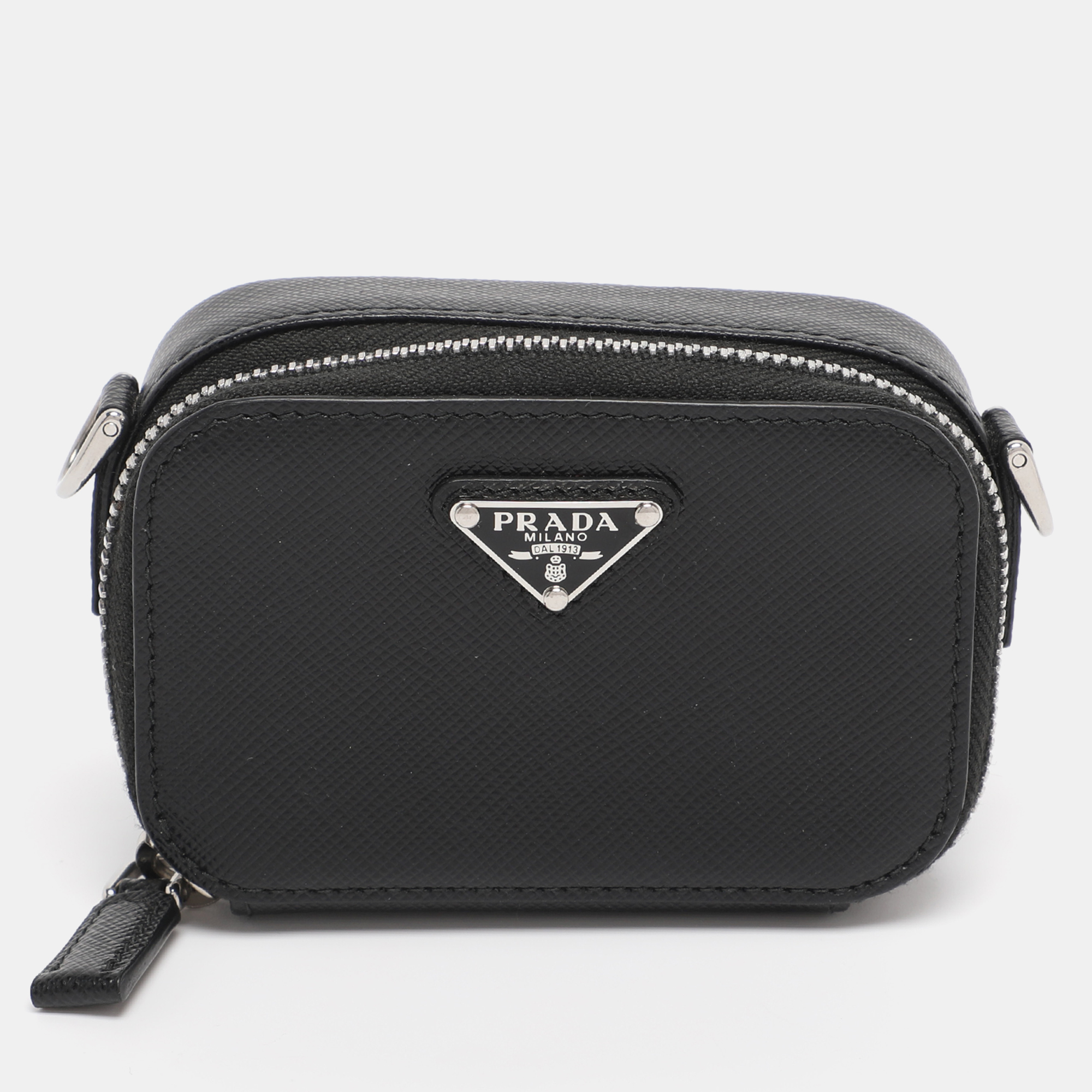 

Prada Black Leather Travel Mini Strap Pouch